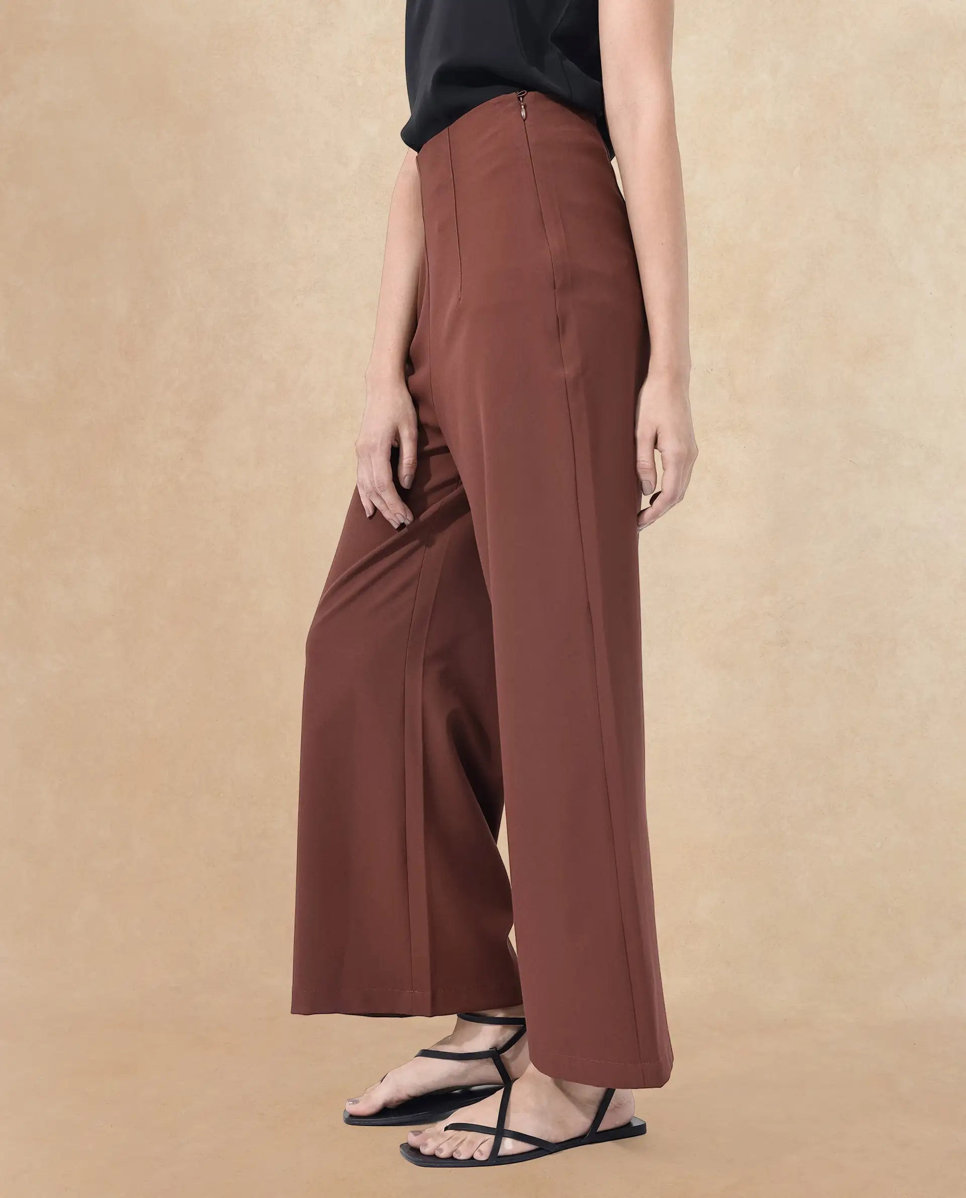 Rareism Women's Noahti Light Rust Cotton Plain Ankle Length Wide Trouser