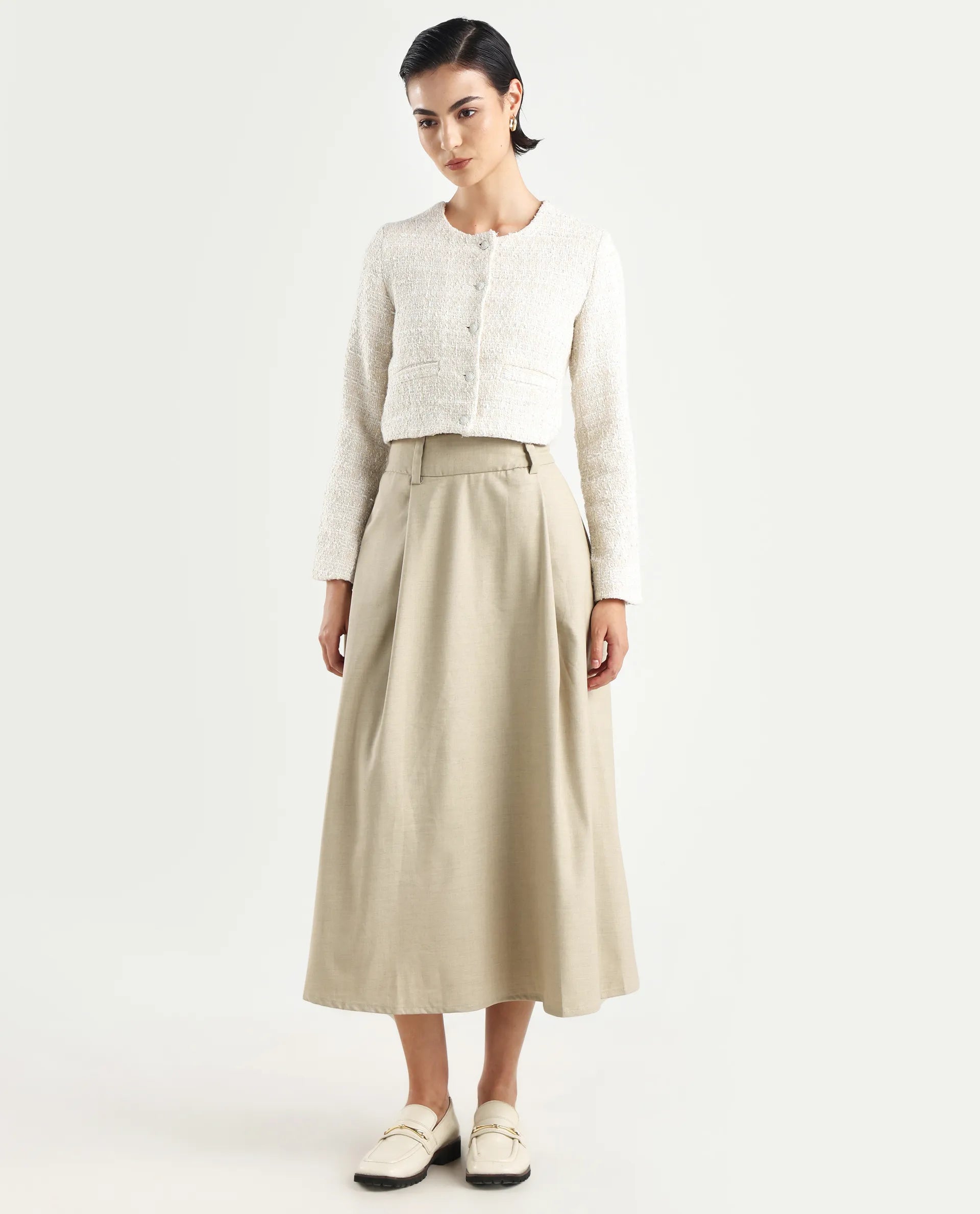 Rareism Women's Noblopa Beige Polyester Blend Plain Midi A-Line Skirt