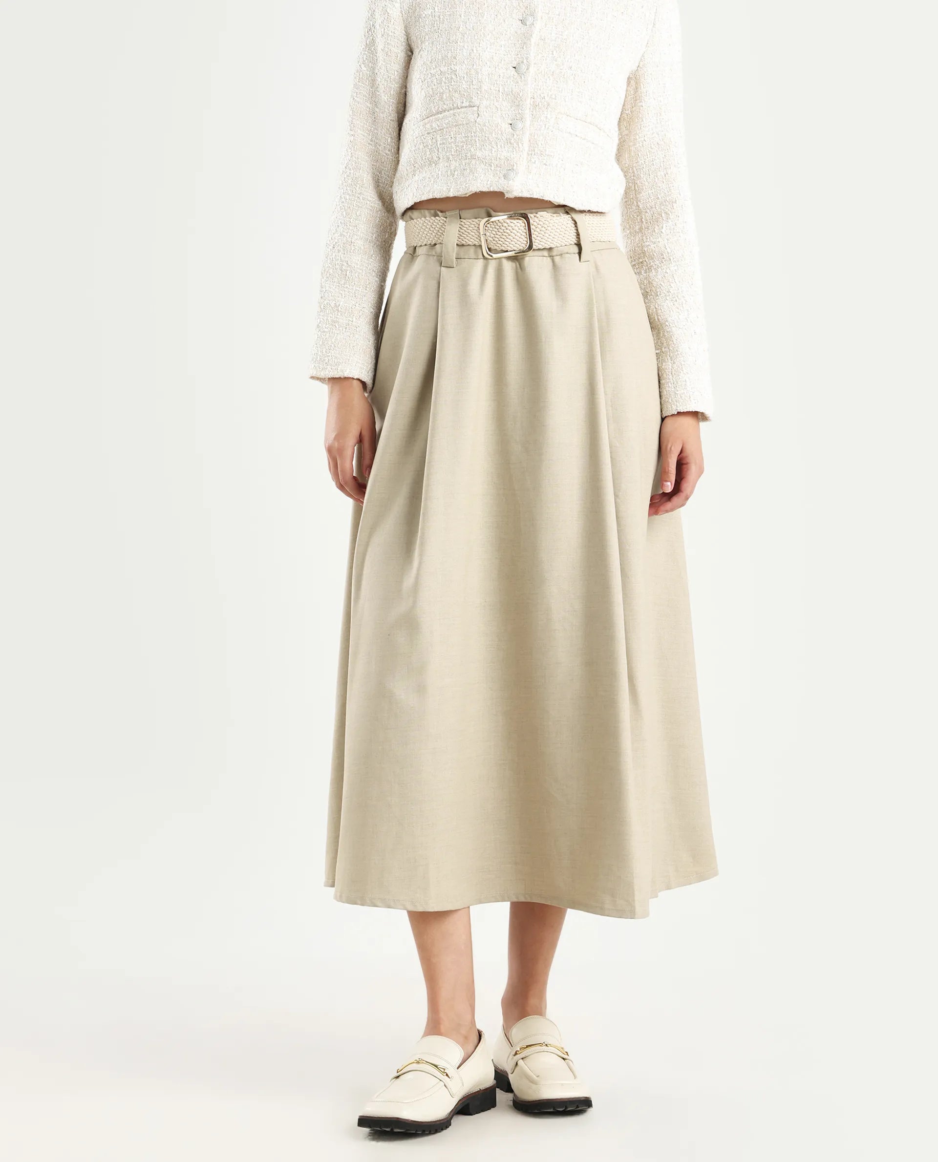 Rareism Women's Noblopa Beige Polyester Blend Plain Midi A-Line Skirt