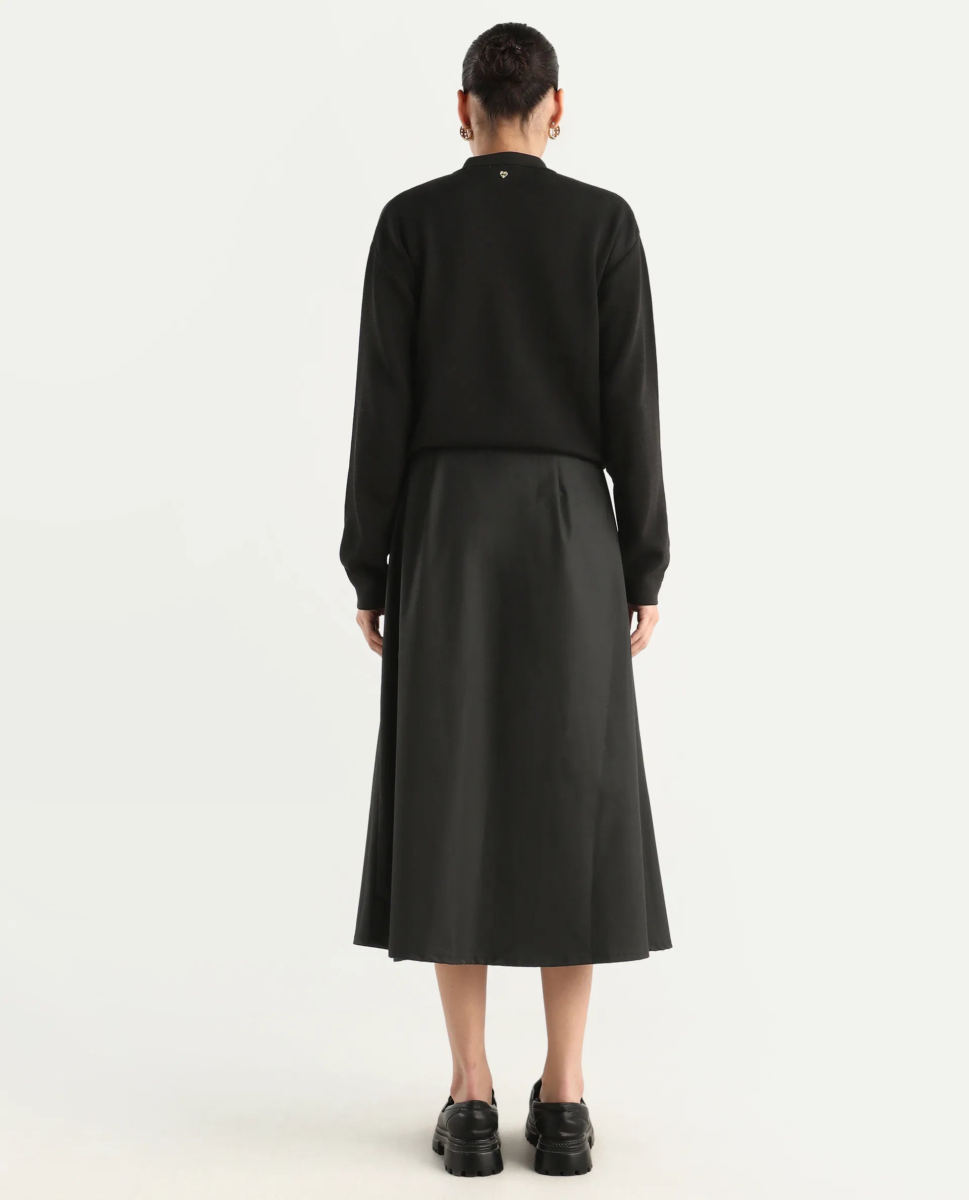 Rareism Women's Noblopa Black Polyester Blend Plain Midi A-Line Skirt