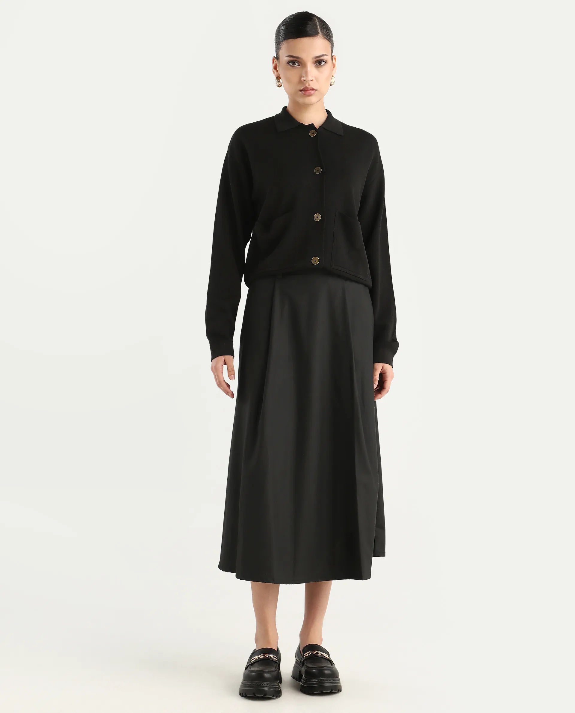 Rareism Women's Noblopa Black Polyester Blend Plain Midi A-Line Skirt