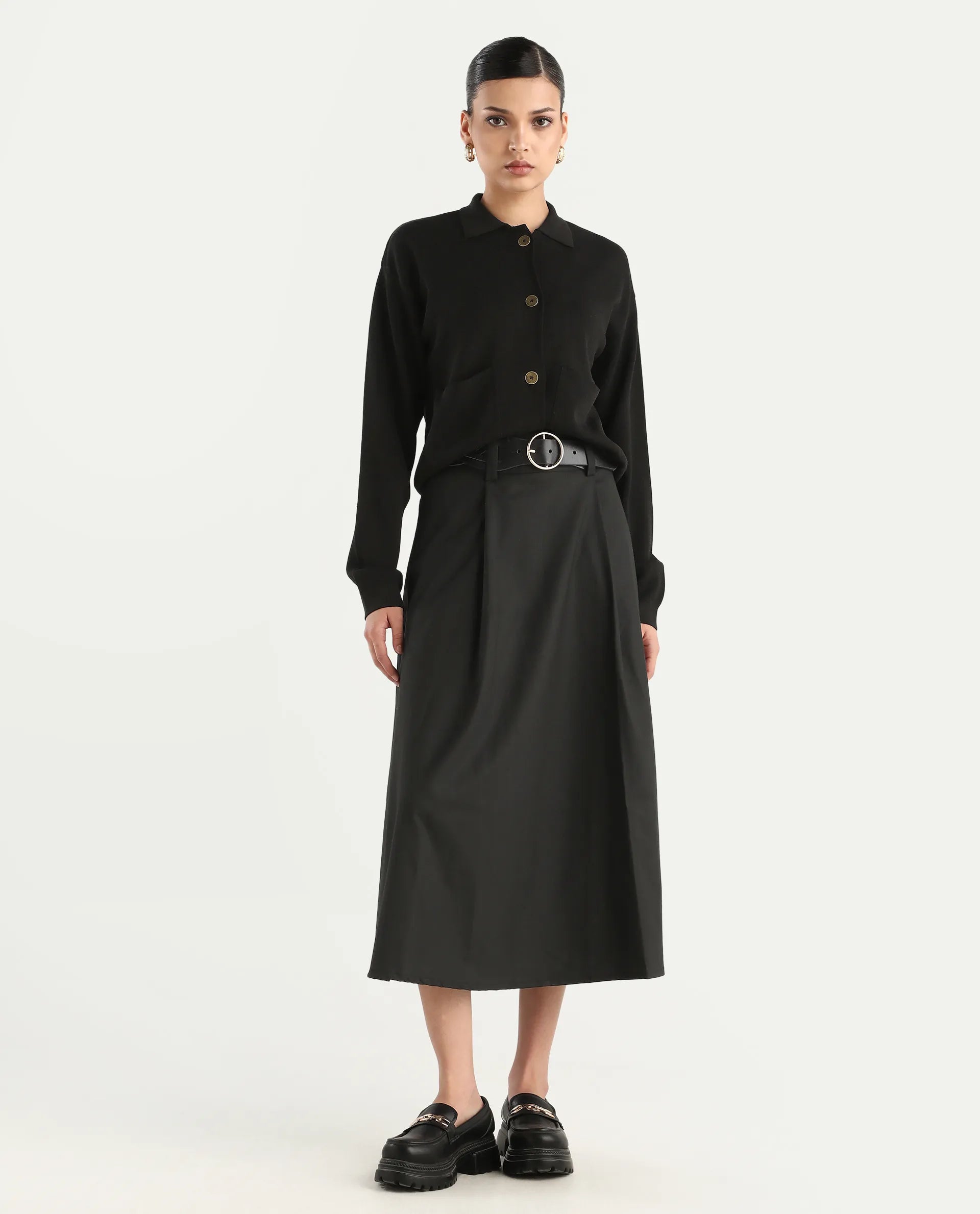 Rareism Women's Noblopa Black Polyester Blend Plain Midi A-Line Skirt