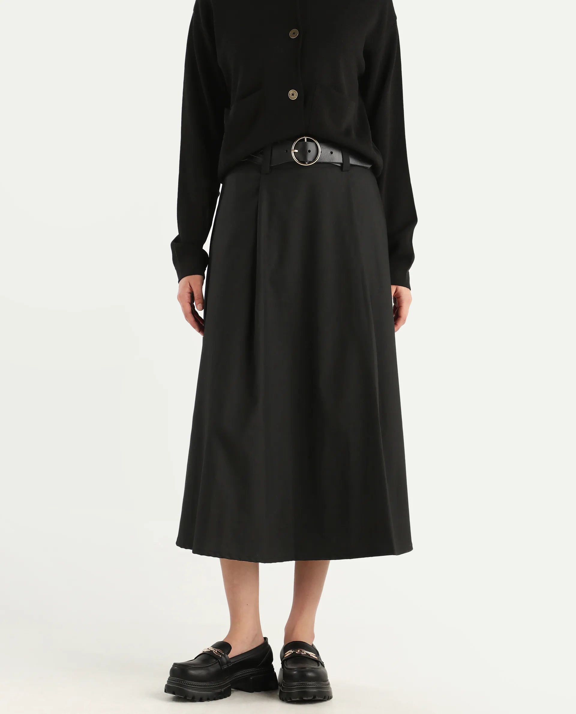 Rareism Women's Noblopa Black Polyester Blend Plain Midi A-Line Skirt