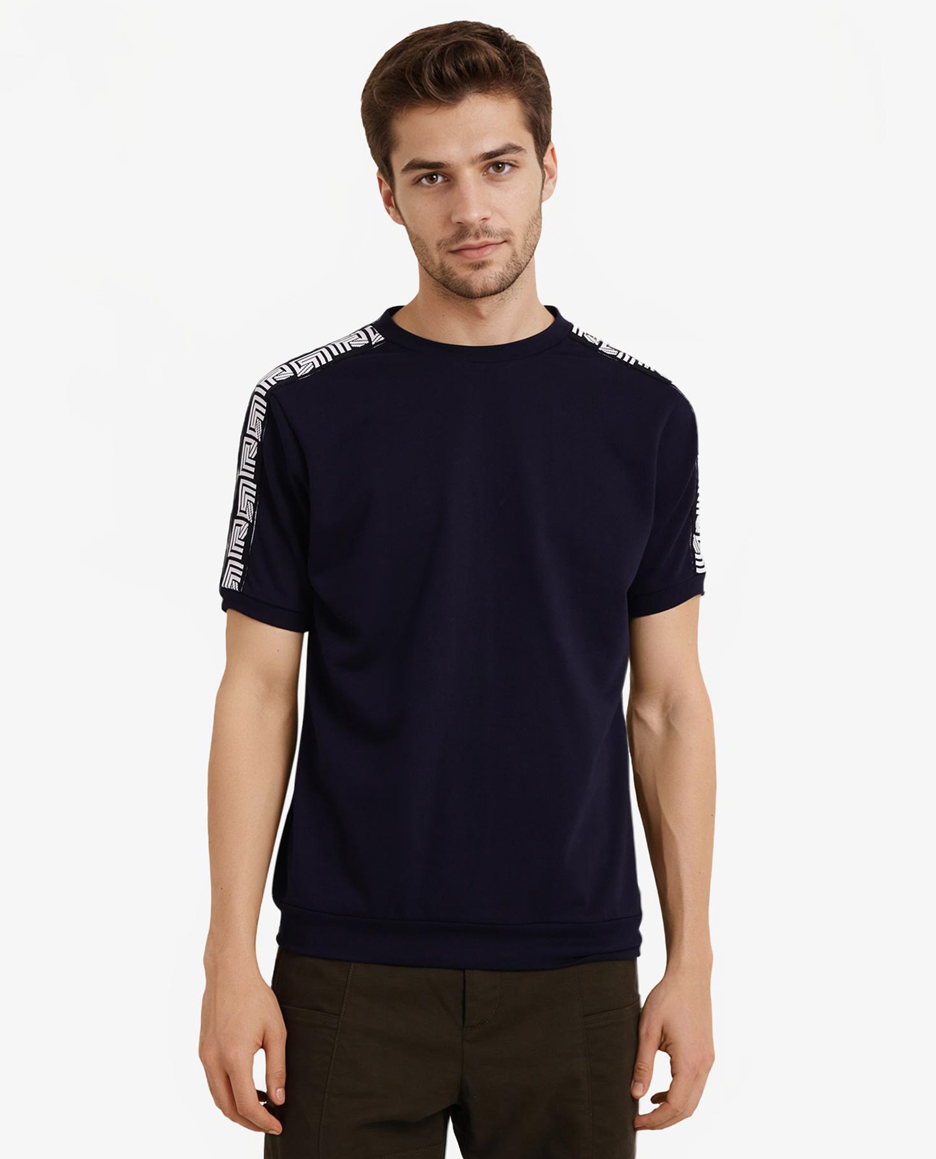 Rare Rabbit Men Nobo Navy Short Sleeve Crew Neck Oversized Fit Monogram Tape T-Shirt