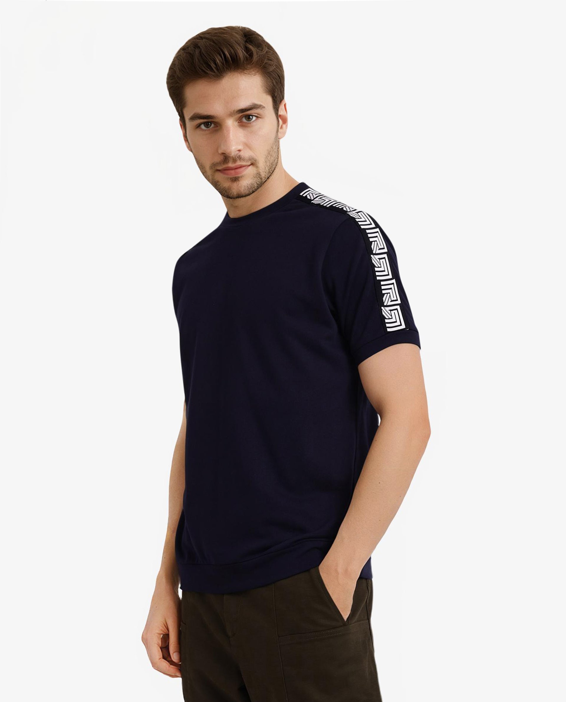 Rare Rabbit Men Nobo Navy Short Sleeve Crew Neck Oversized Fit Monogram Tape T-Shirt