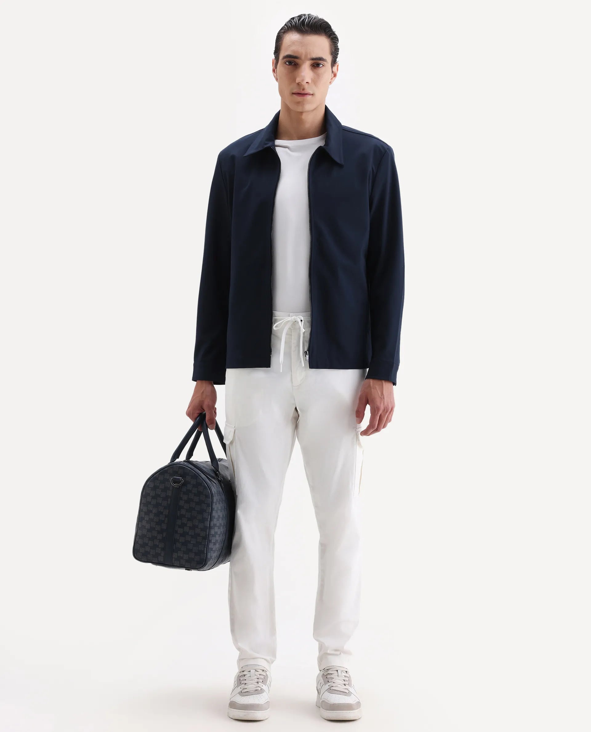 Rare Rabbit Men's Nobon White Cotton Plain Regular Fit Trouser