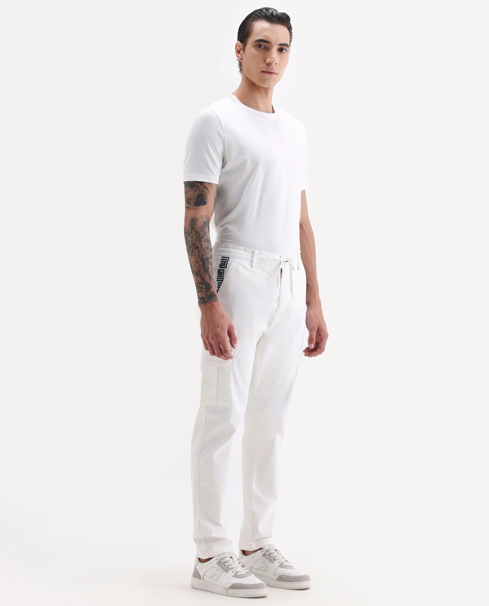 Rare Rabbit Men's Nobon White Cotton Plain Regular Fit Trouser
