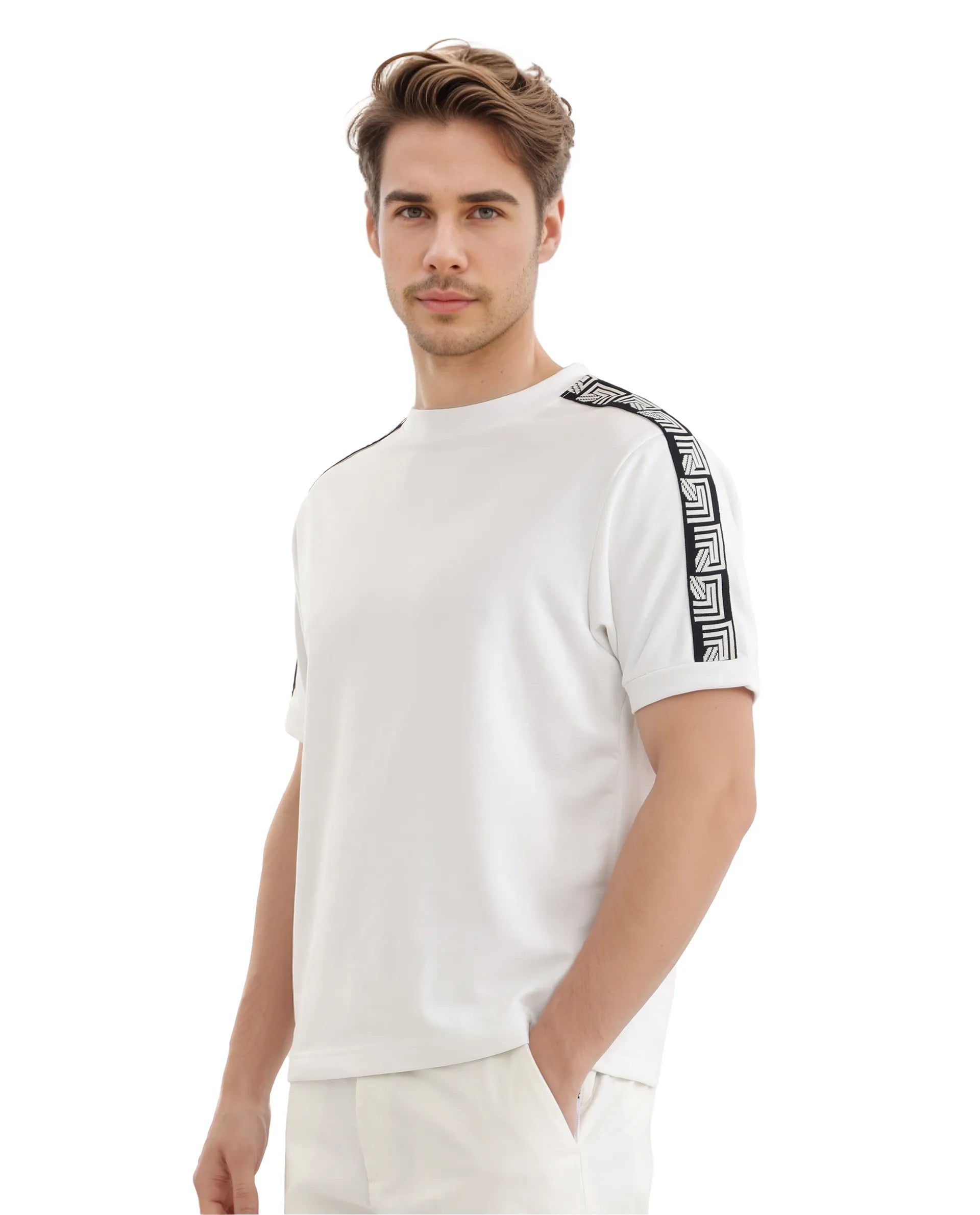 Rare Rabbit Men Nobo White Short Sleeve Crew Neck Oversized Fit Monogram Tape T-Shirt