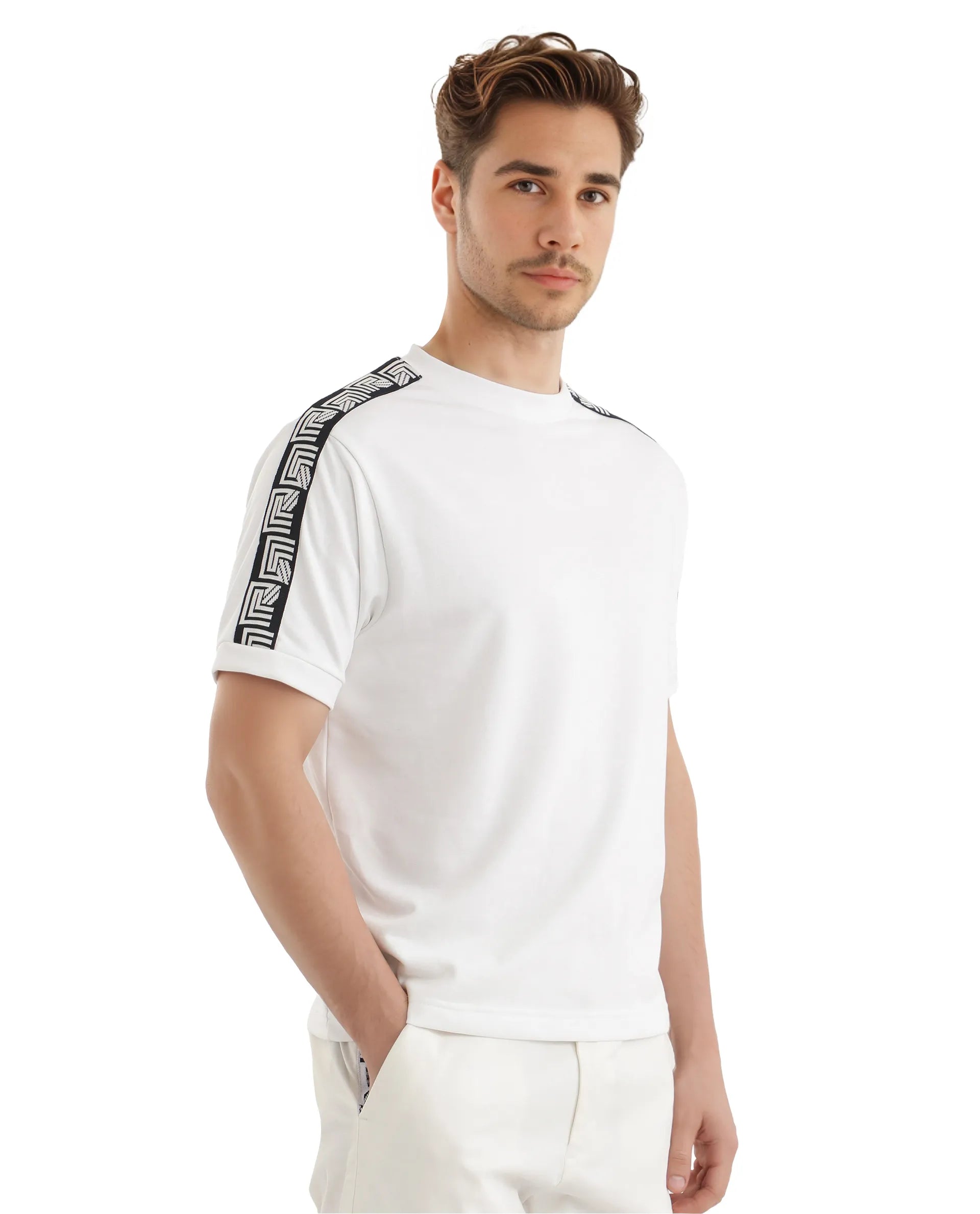 Rare Rabbit Men Nobo White Short Sleeve Crew Neck Oversized Fit Monogram Tape T-Shirt