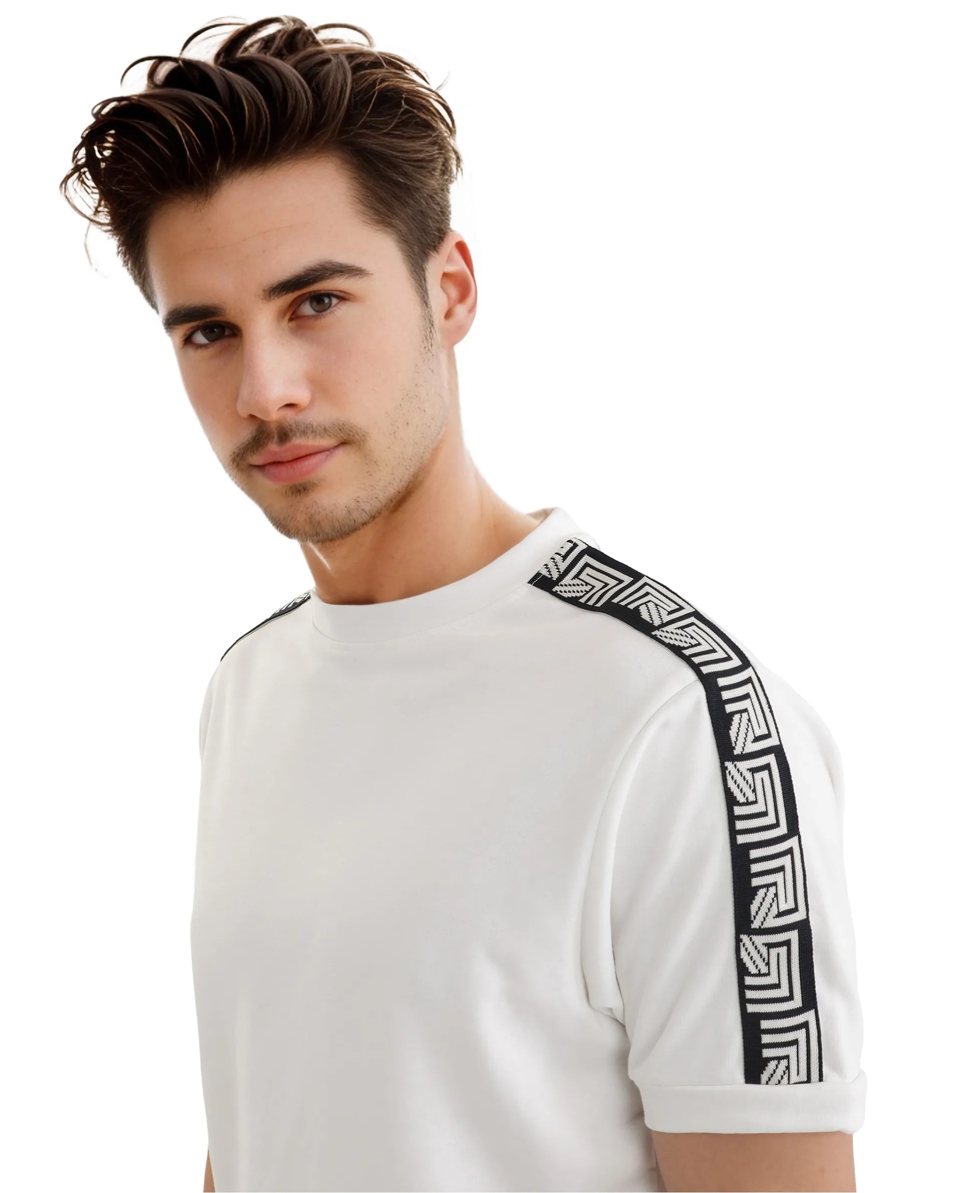 Rare Rabbit Men Nobo White Short Sleeve Crew Neck Oversized Fit Monogram Tape T-Shirt