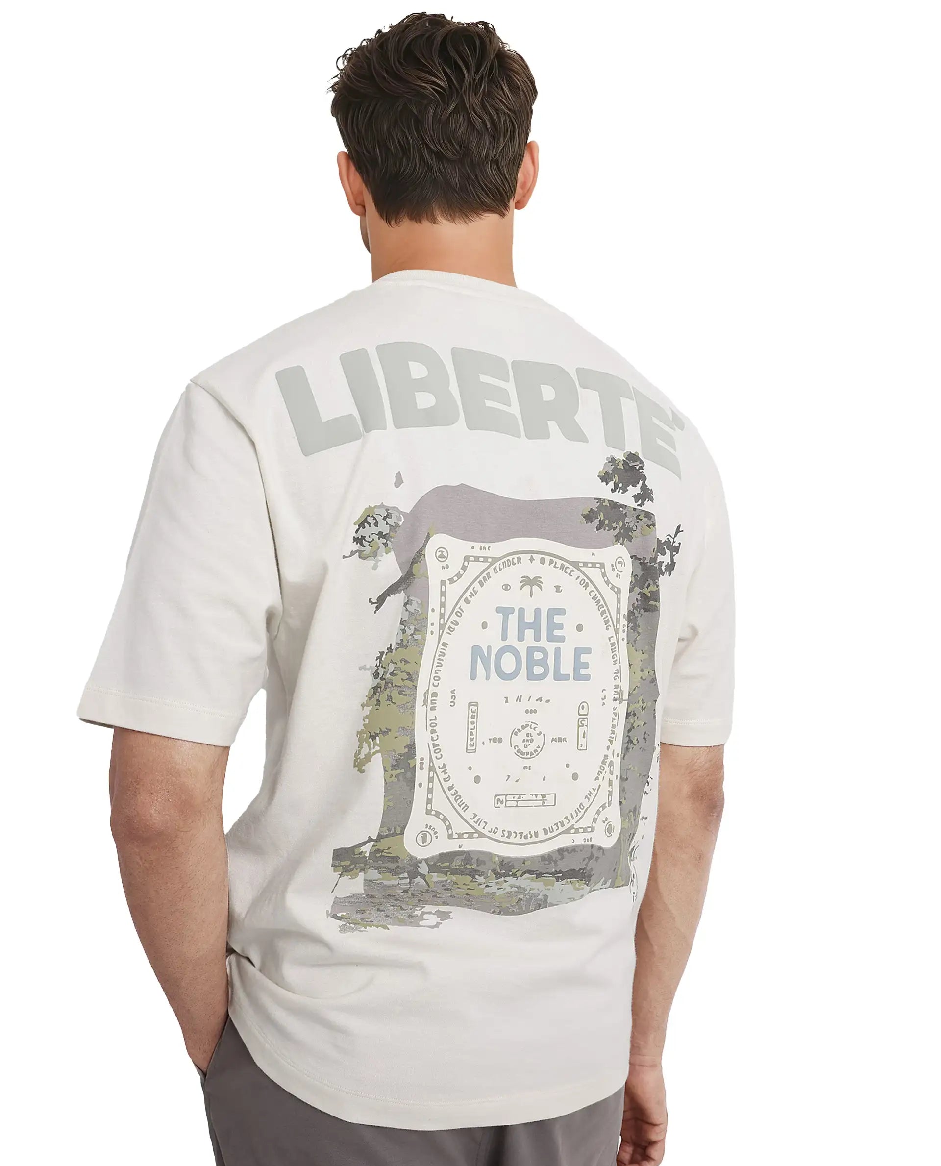 Rare Rabbit Men Nobs Off White Short Sleeve Crew Neck Oversized Fit Graphic Print T-Shirt