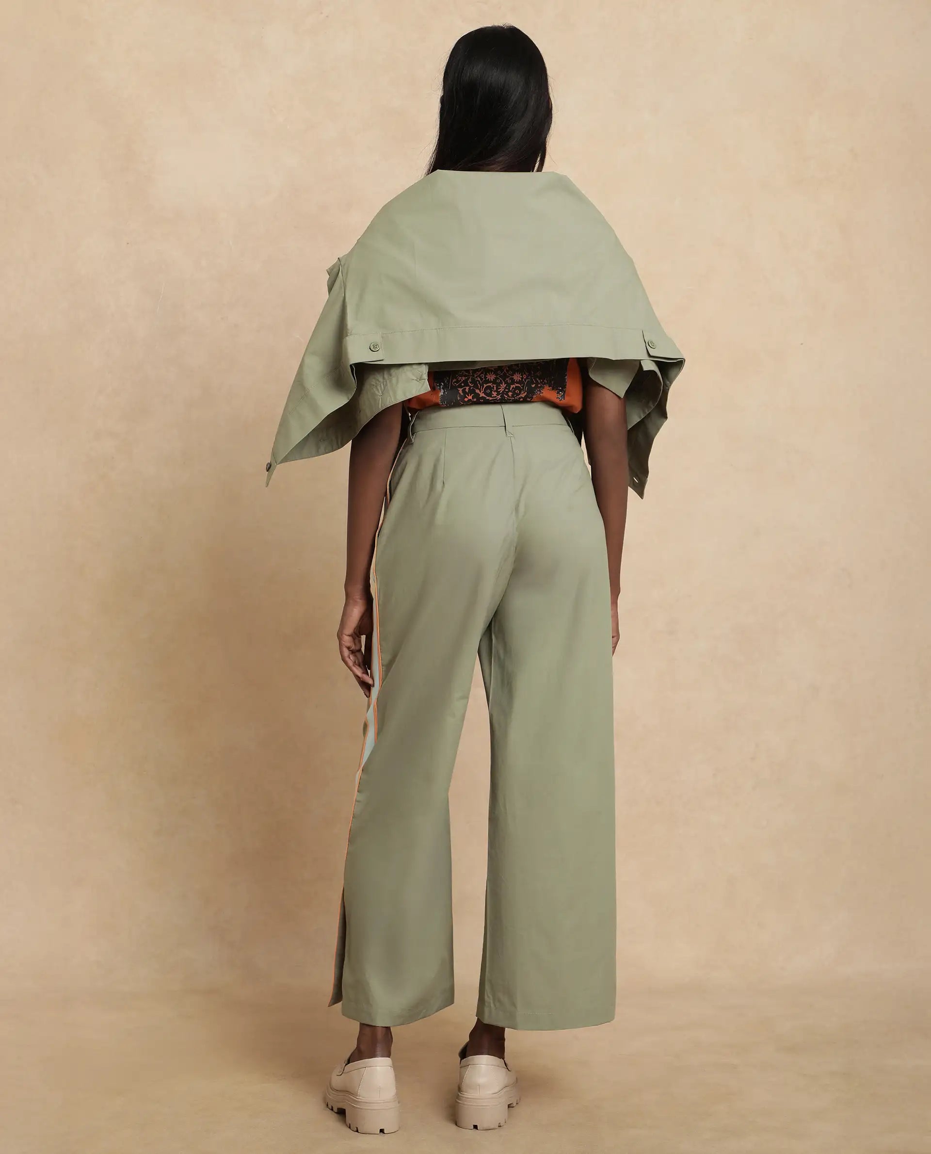 Rareism Women's Nocam B Dusky Green Cotton Plain Ankle Length Wide Trouser