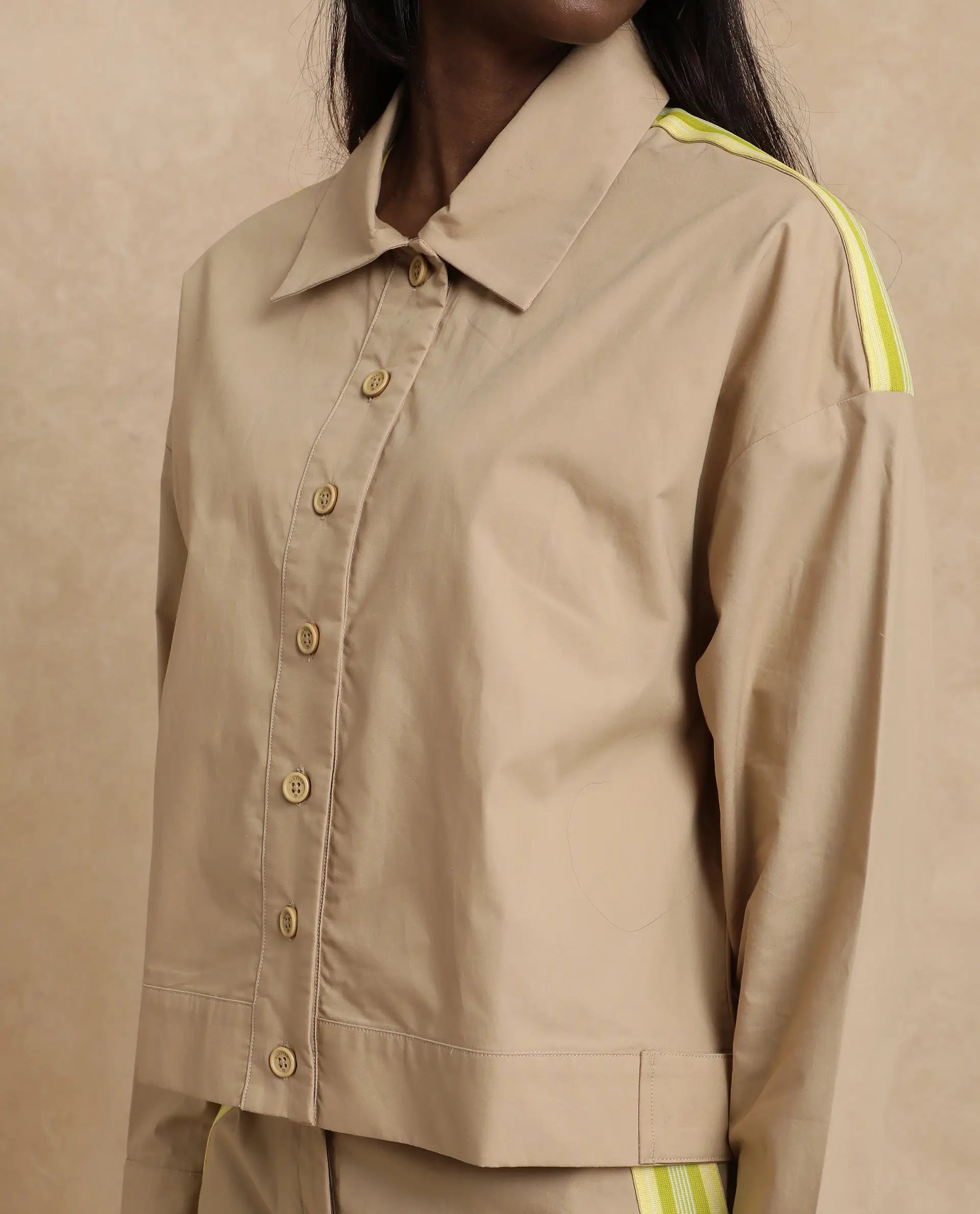 Rareism Women's Nocam S Beige Cotton Spread Collar Plain Cuffed Sleeve Relaxed Fit Shirt