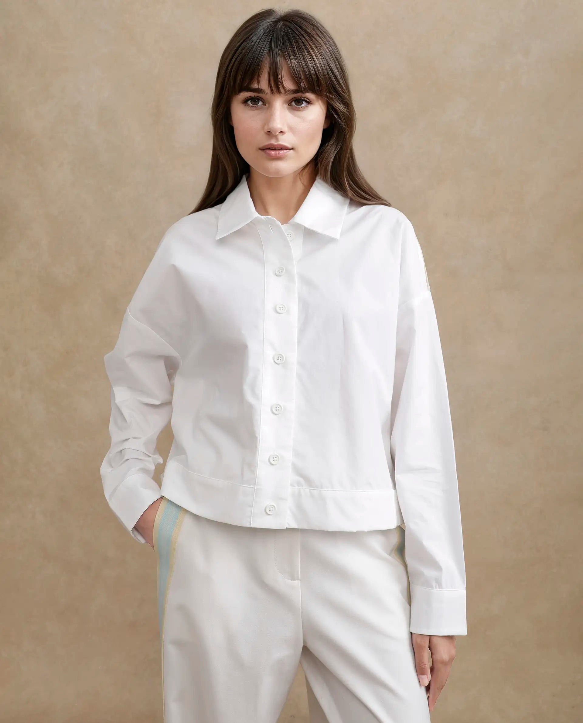 Rareism Women's Nocam S Off White Cotton Spread Collar Plain Cuffed Sleeve Relaxed Fit Shirt