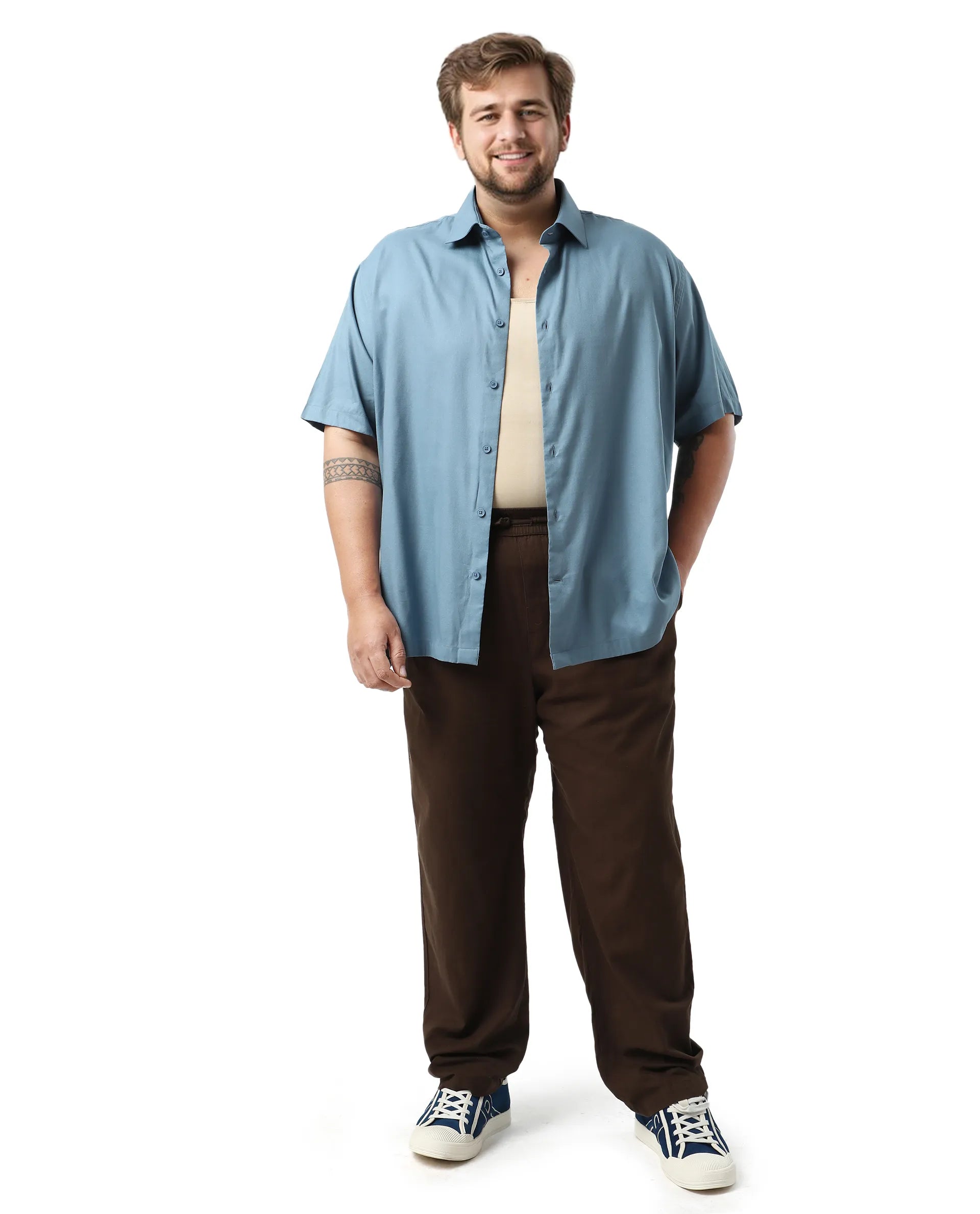 Rare Rabbit Men's Noel Big Light Petrol Cotton Fabric Short Sleeve Collared Neck Button Closure Plain Shirt