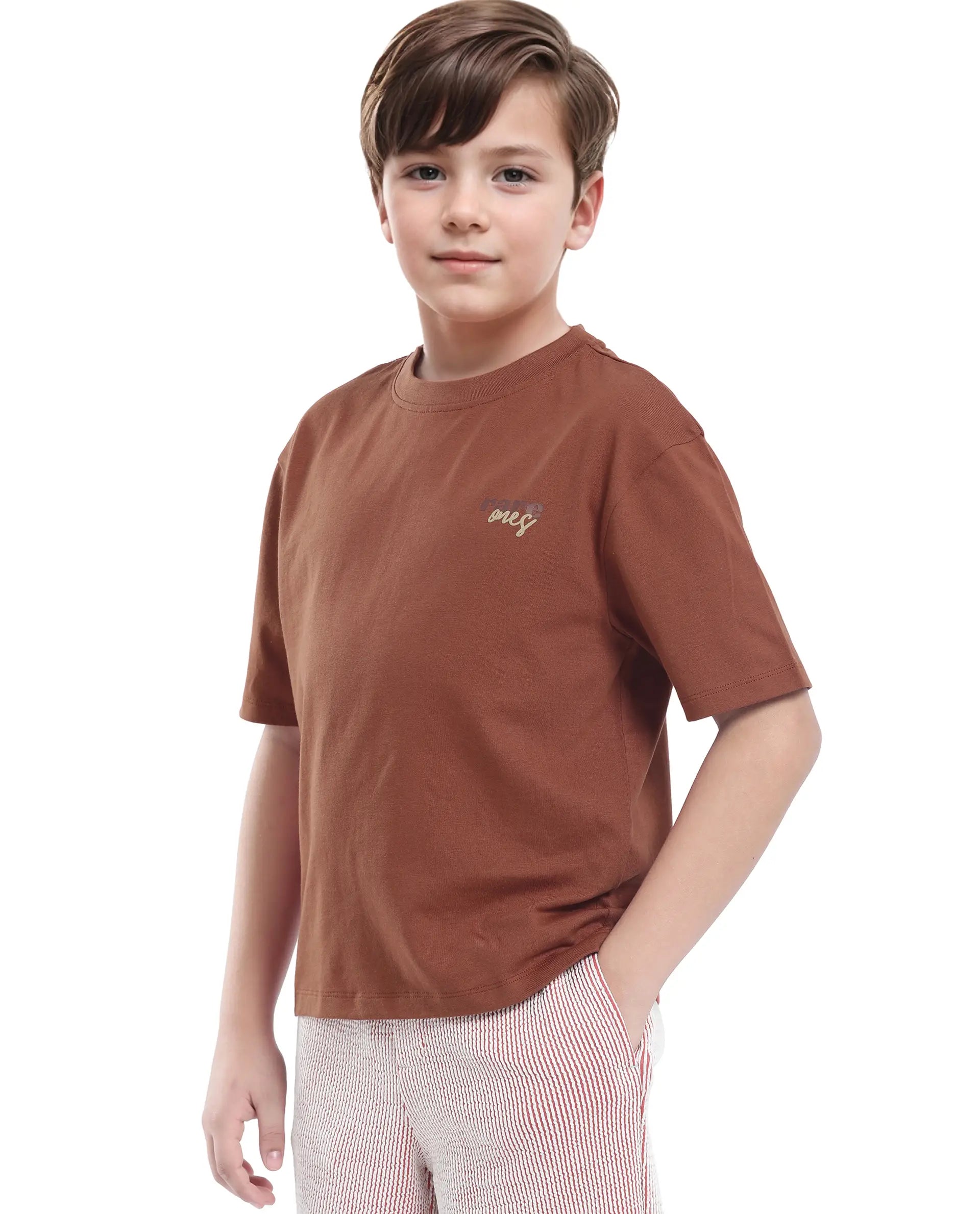 Rare Ones Kids Nolan Rust Cotton Printed Slip-On Oversized Fit T-Shirt