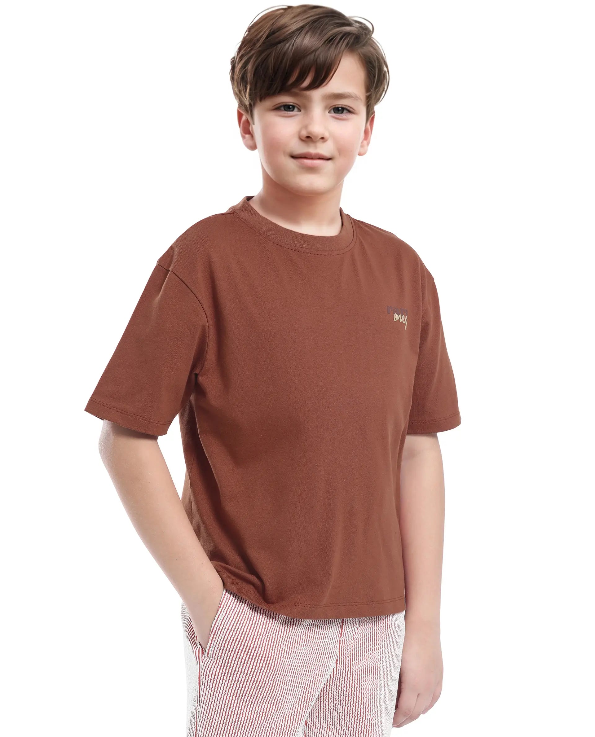 Rare Ones Kids Nolan Rust Cotton Printed Slip-On Oversized Fit T-Shirt