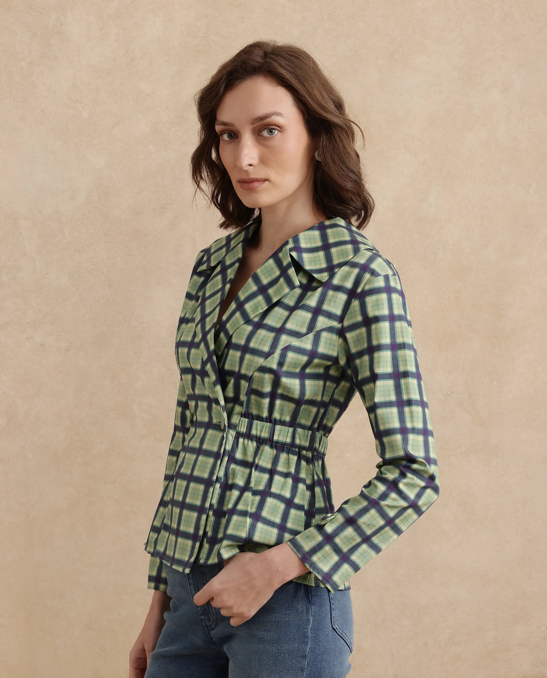 Rareism Women Nolopo Olive Poplin Fabric Full Sleeves Lapel Neck Button Closure Flannel Print Top