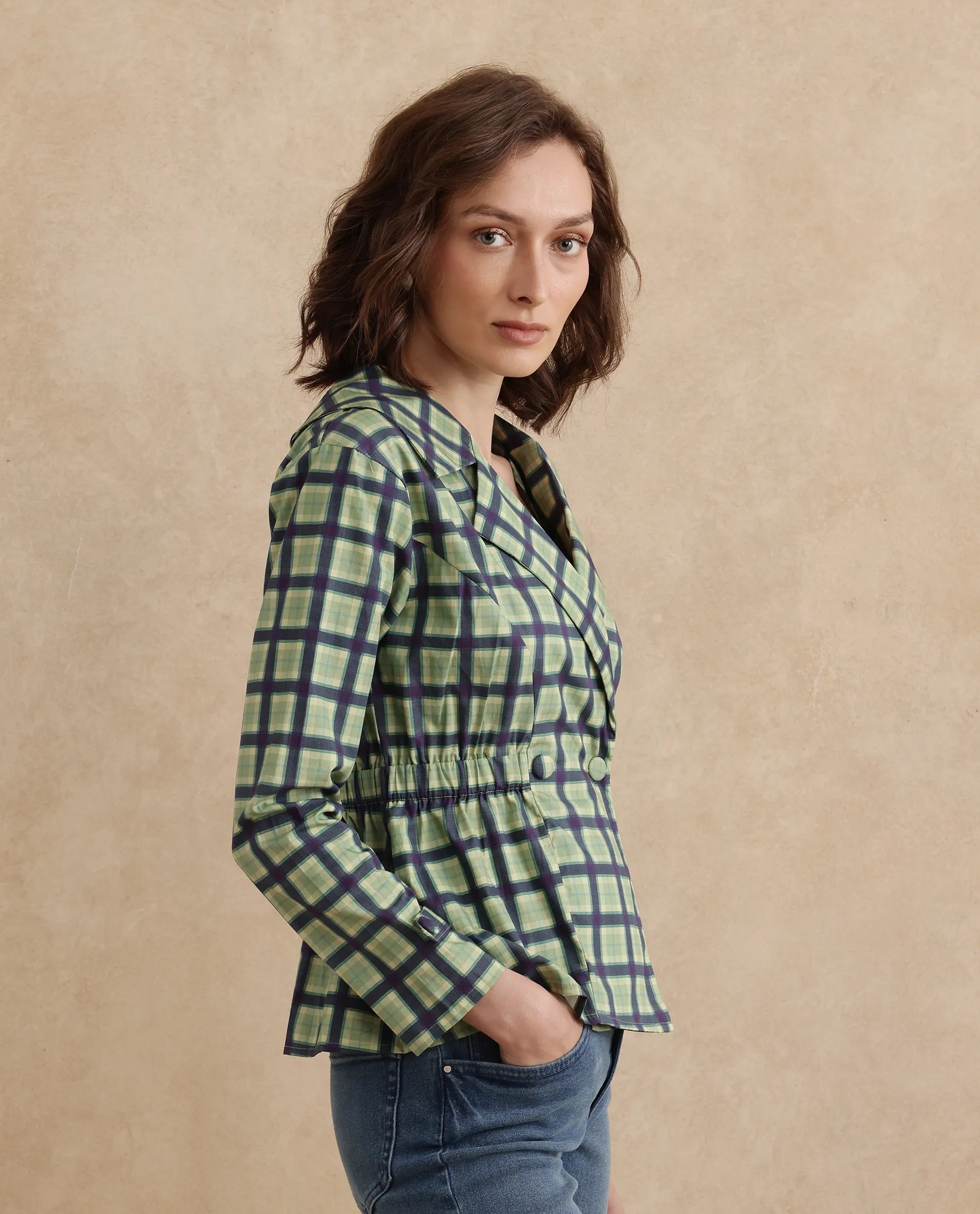 Rareism Women Nolopo Olive Poplin Fabric Full Sleeves Lapel Neck Button Closure Flannel Print Top