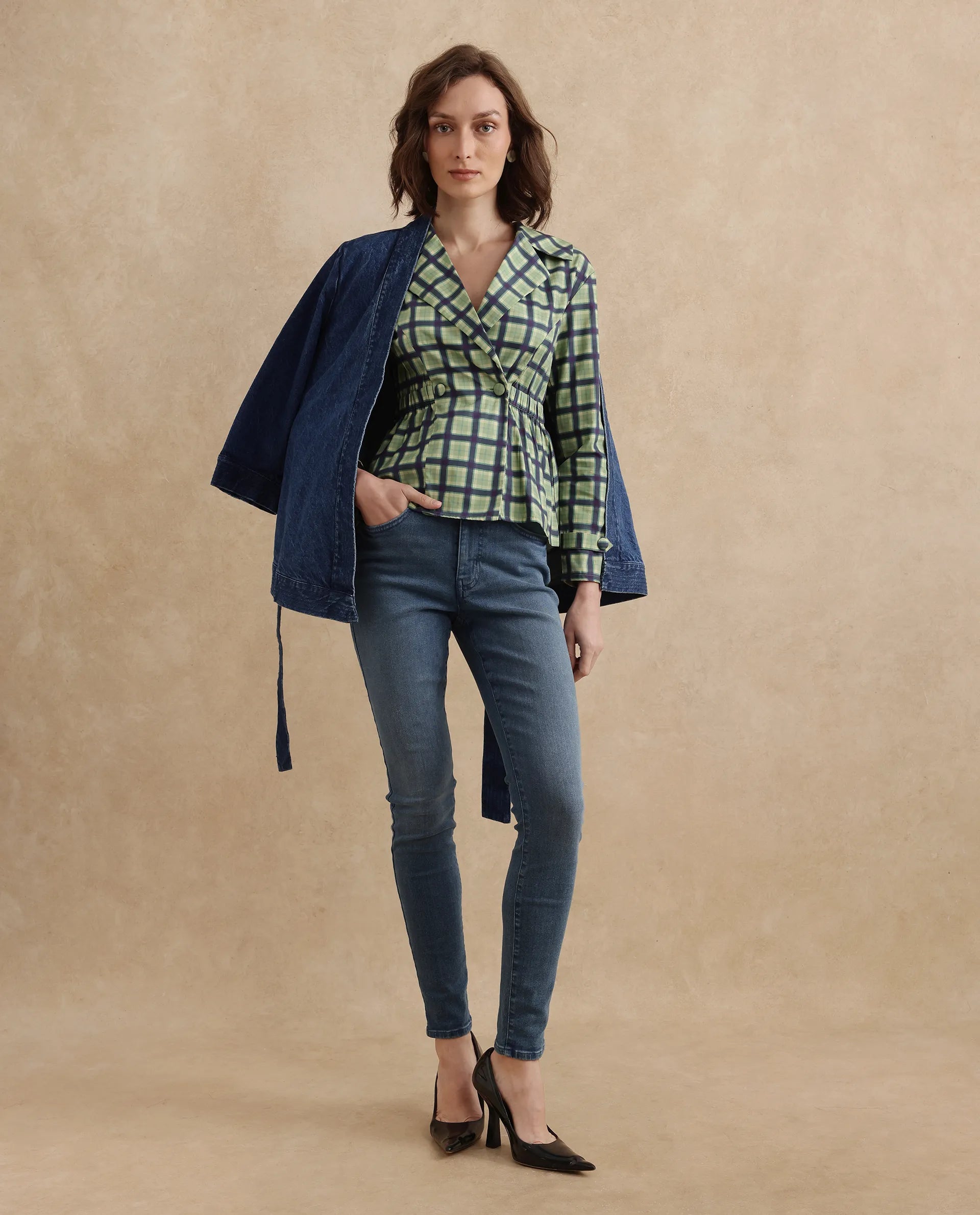 Rareism Women Nolopo Olive Poplin Fabric Full Sleeves Lapel Neck Button Closure Flannel Print Top