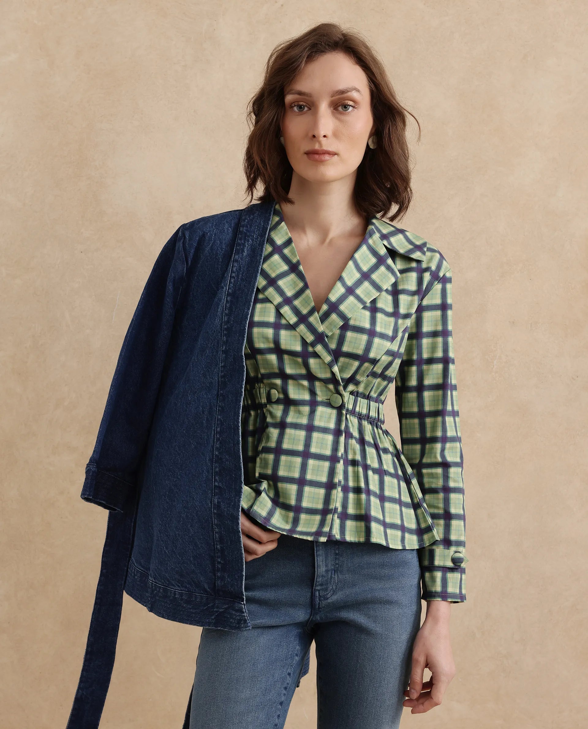 Rareism Women Nolopo Olive Poplin Fabric Full Sleeves Lapel Neck Button Closure Flannel Print Top