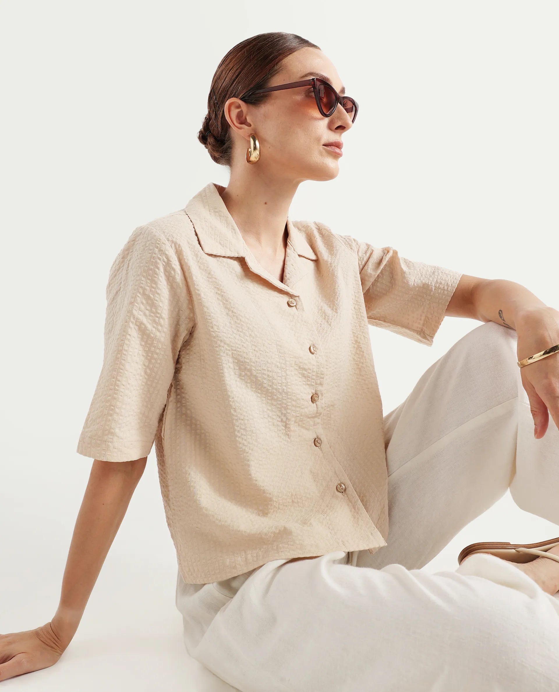 Rareism Women's Nomiki Beige Cotton Spread Collar Plain Extended Sleeves Regular Fit Top