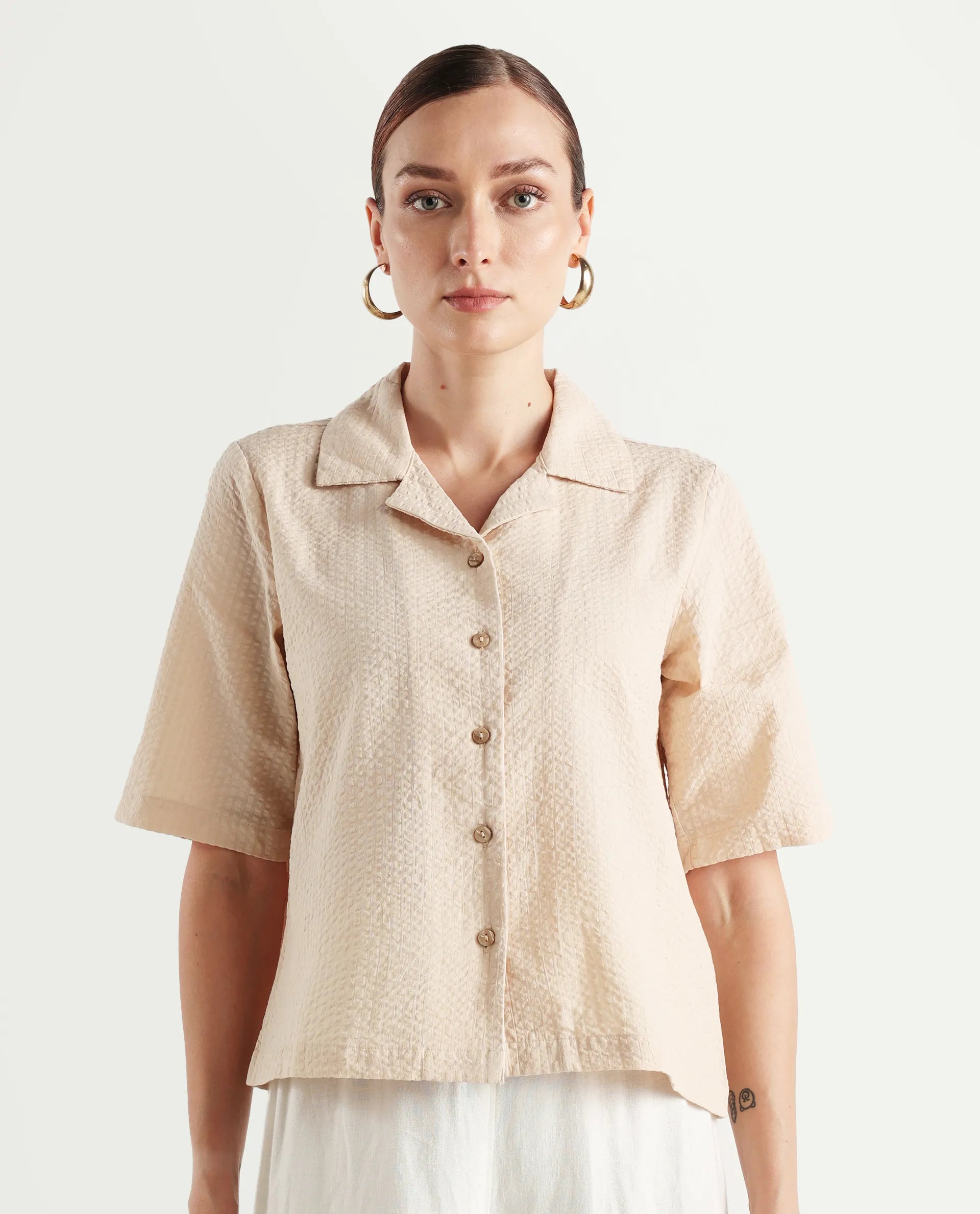 Rareism Women's Nomiki Beige Cotton Spread Collar Plain Extended Sleeves Regular Fit Top