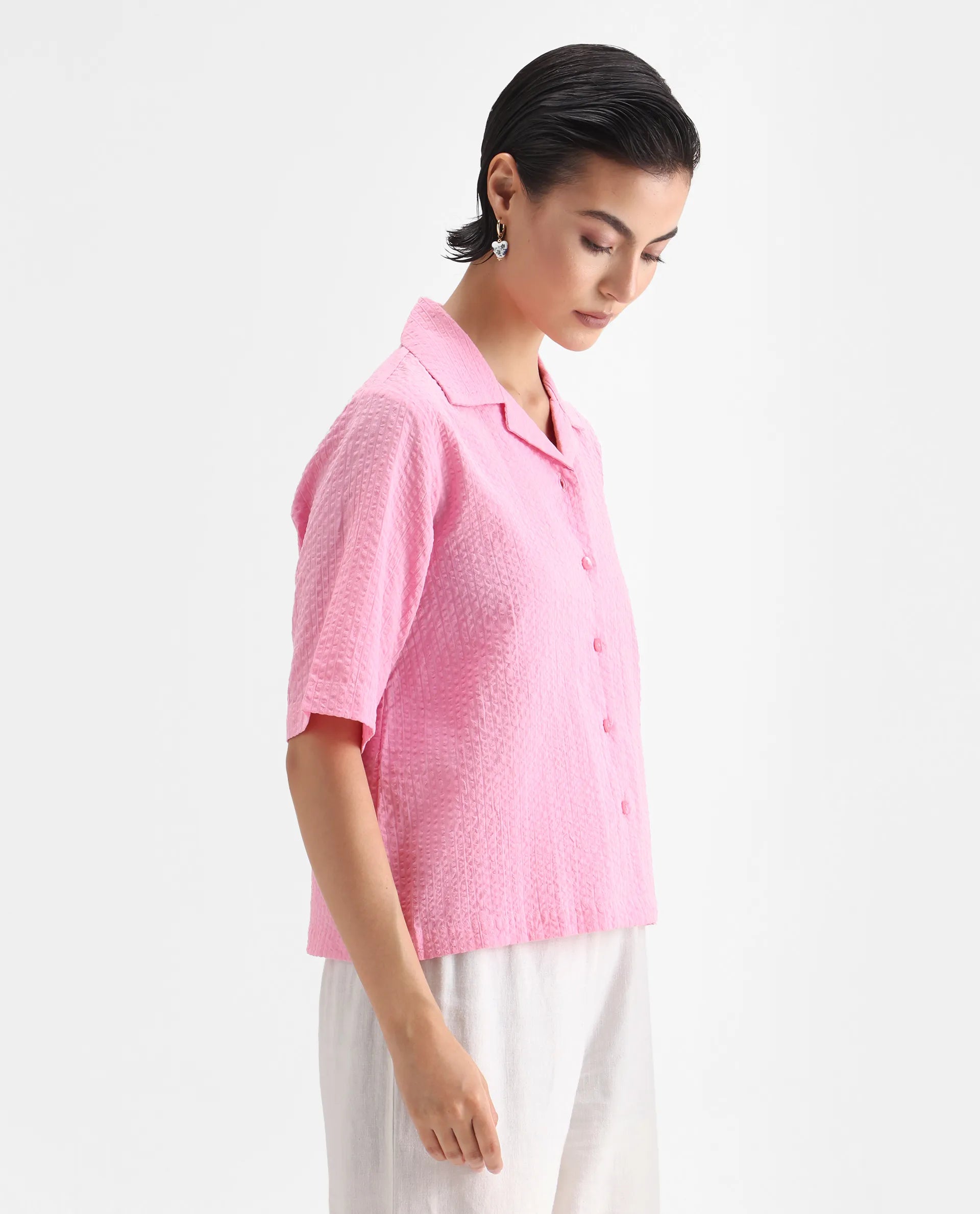 Rareism Women's Nomiki Pink Cotton Lapel Neck Plain Regular Fit Top