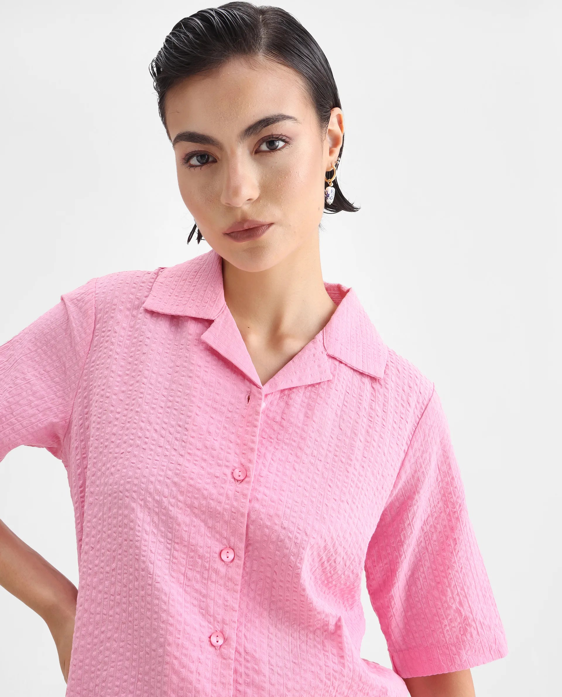 Rareism Women's Nomiki Pink Cotton Lapel Neck Plain Regular Fit Top