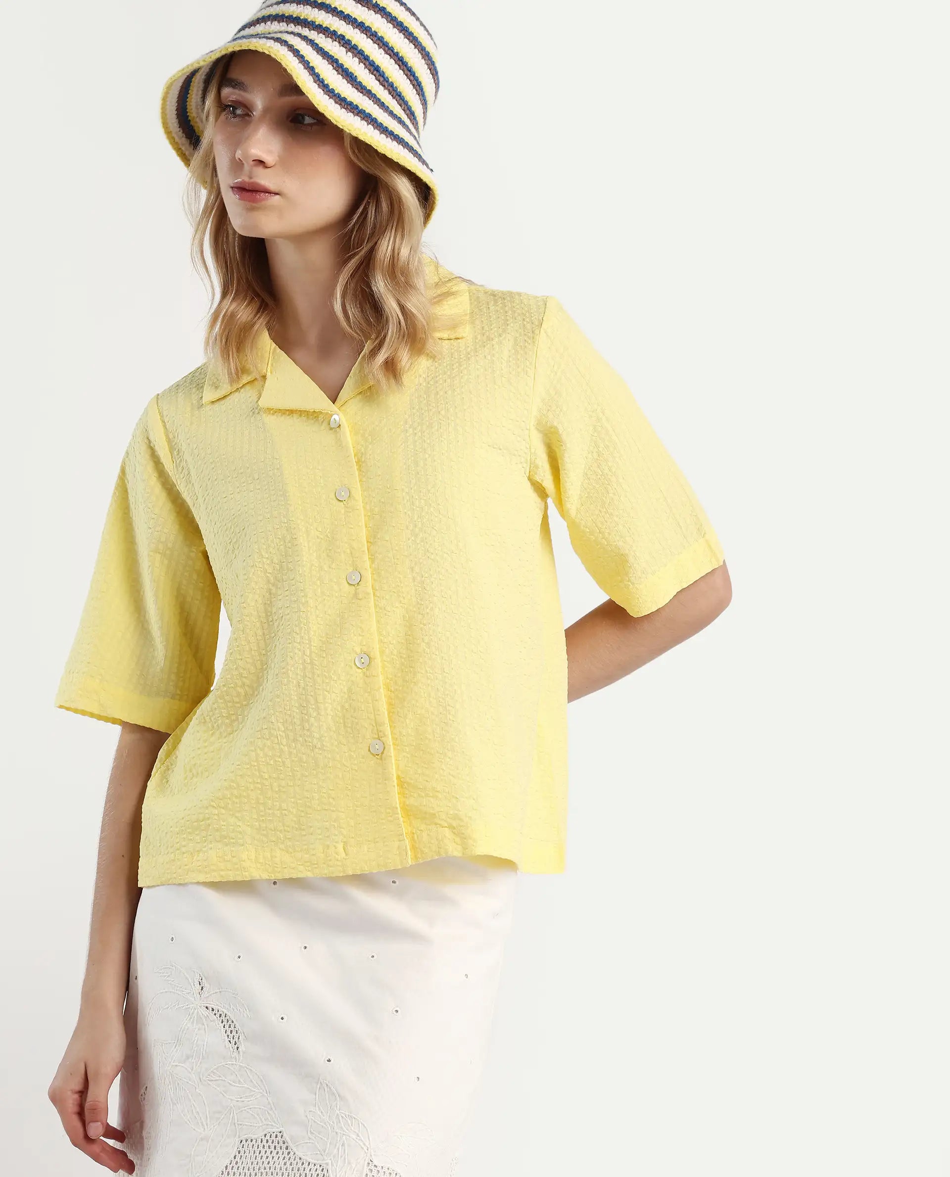 Rareism Women's Nomiki Yellow Cotton Lapel Neck Plain Regular Fit Top