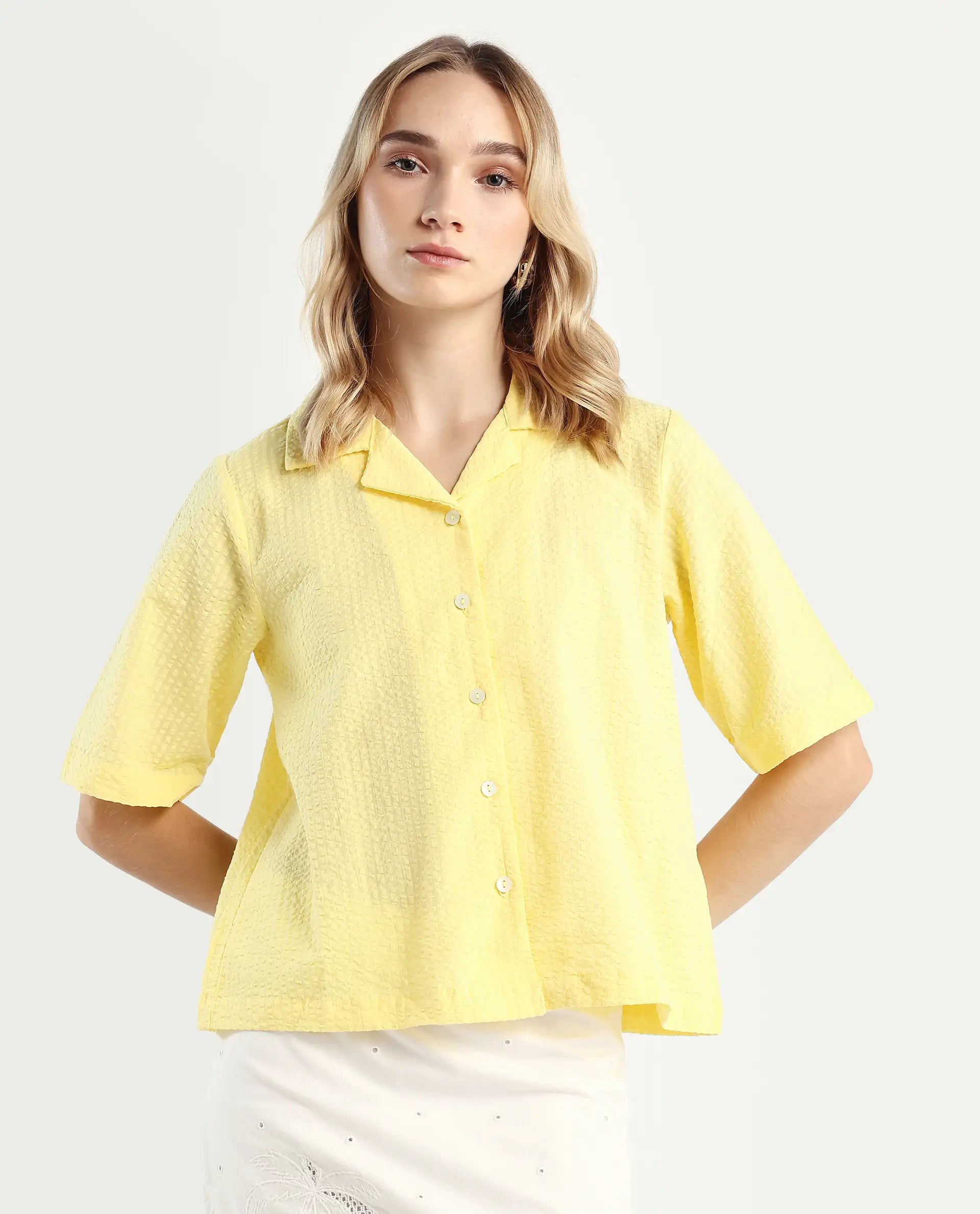 Rareism Women's Nomiki Yellow Cotton Lapel Neck Plain Regular Fit Top