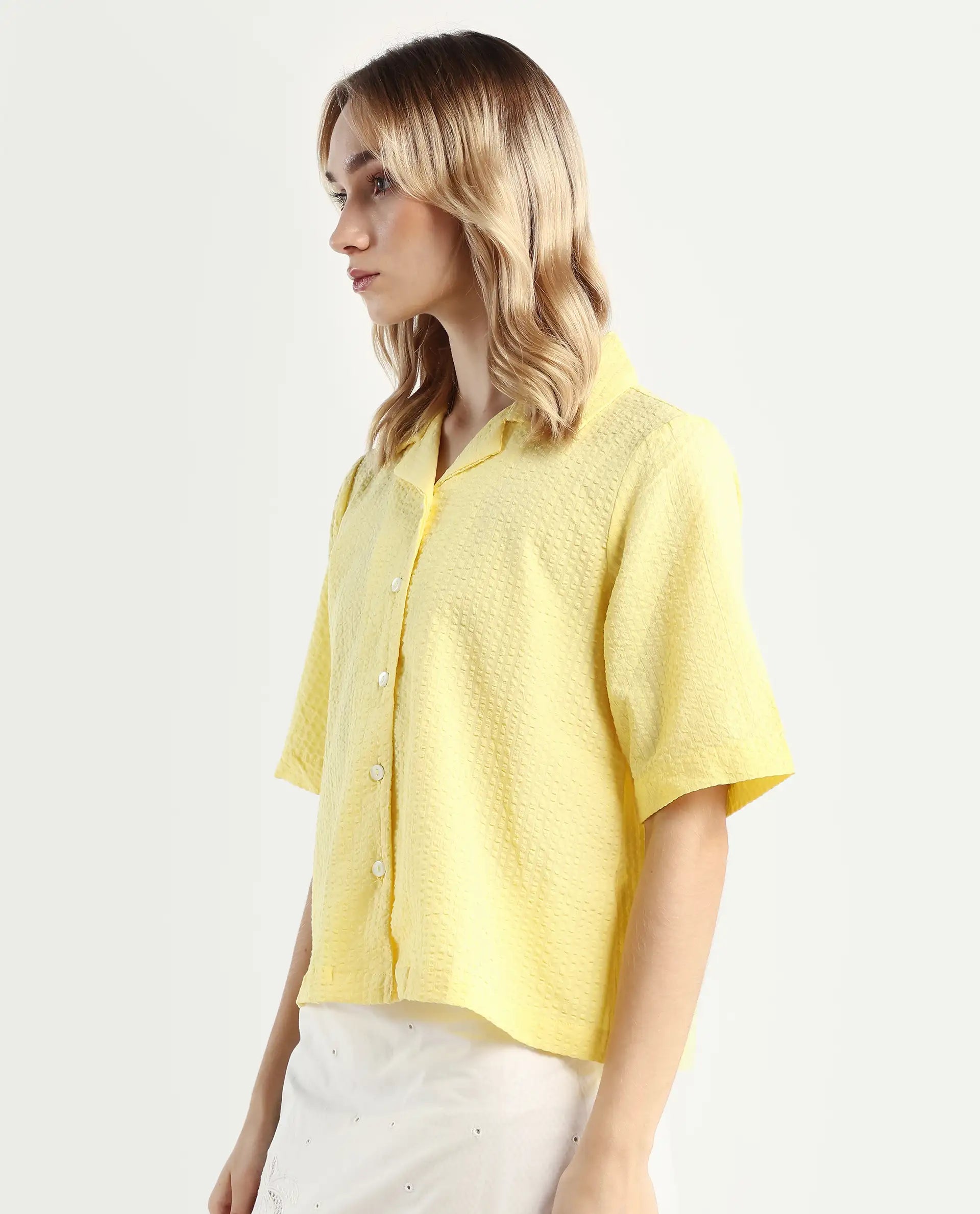 Rareism Women's Nomiki Yellow Cotton Lapel Neck Plain Regular Fit Top