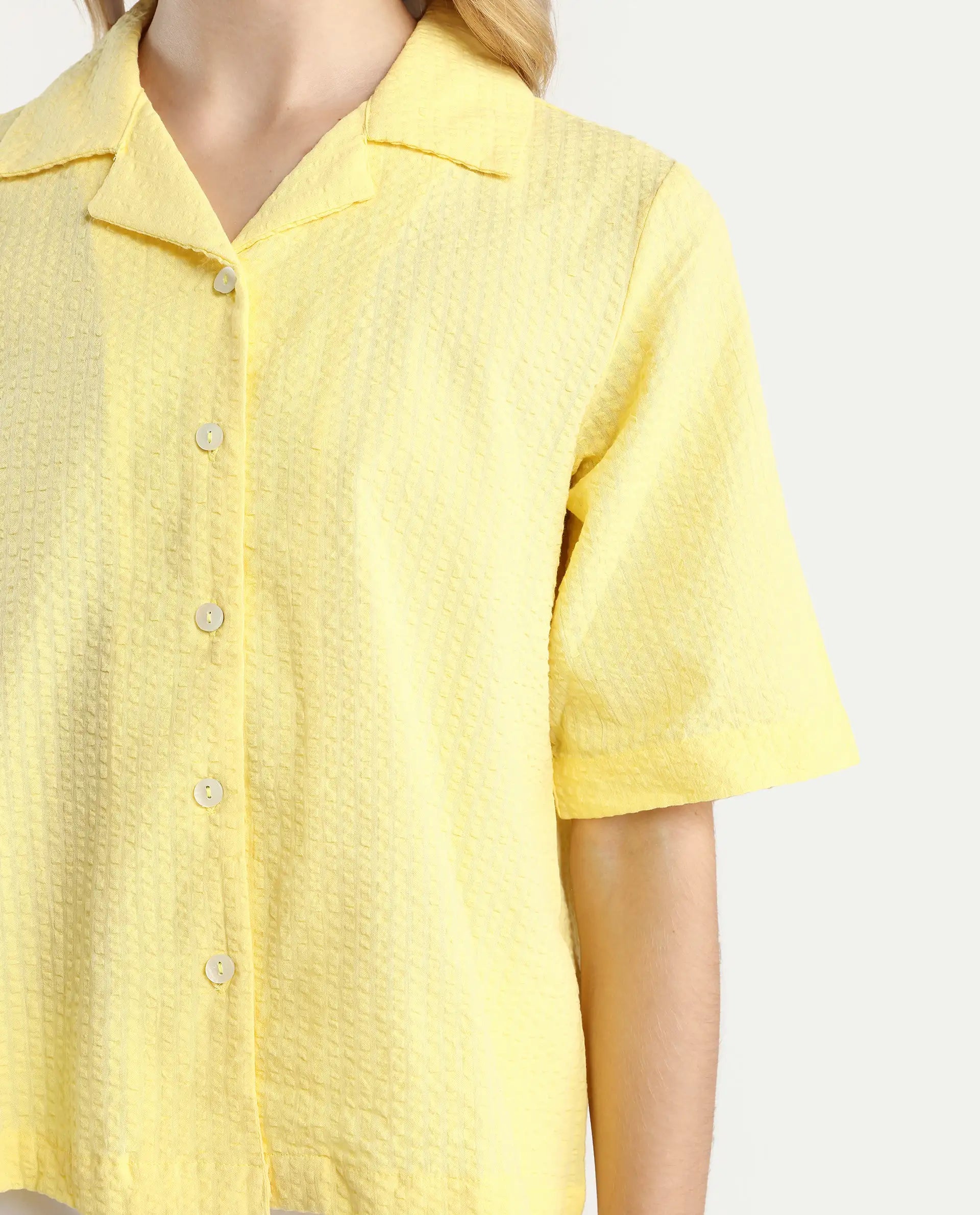 Rareism Women's Nomiki Yellow Cotton Lapel Neck Plain Regular Fit Top