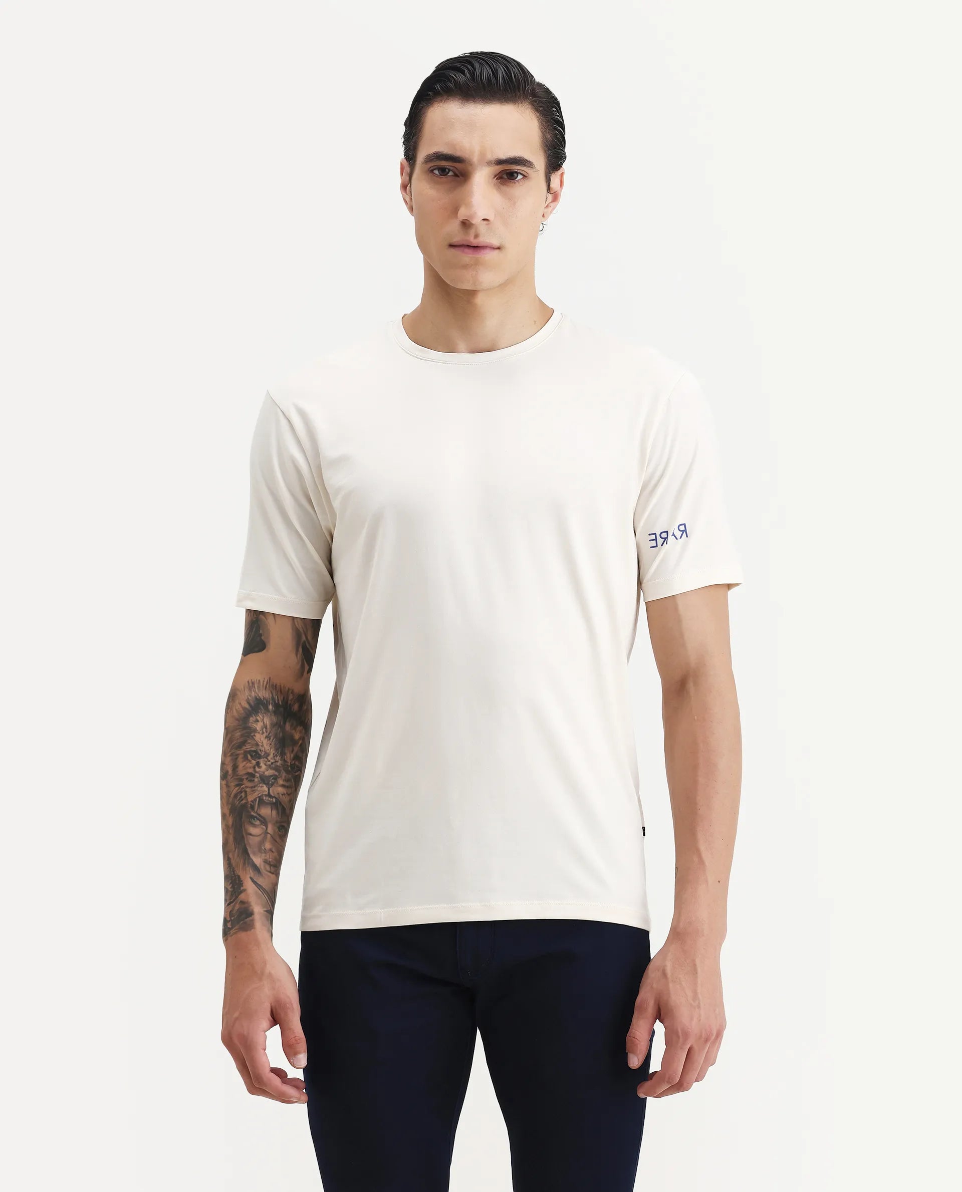 Rare Rabbit Men's Nomo Beige Cotton Blend Monogram Print Regular Fit Half Sleeve Crew Neck T-Shirt