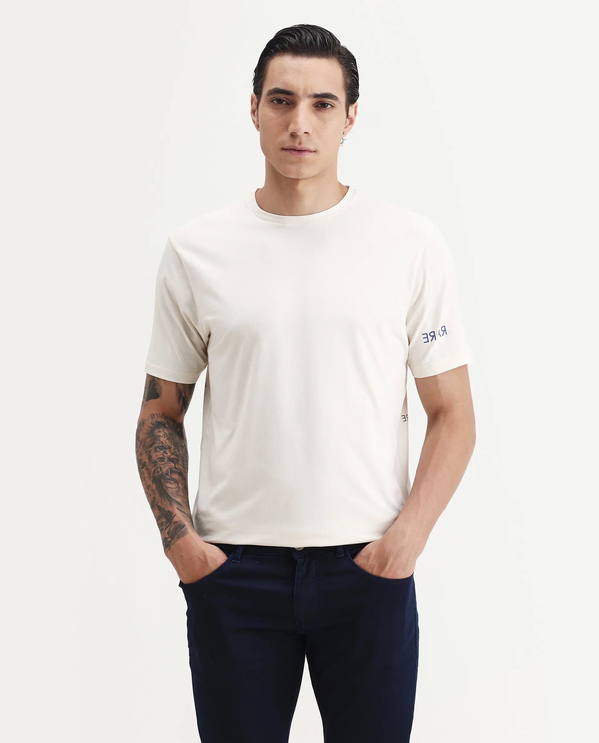 Rare Rabbit Men's Nomo Beige Cotton Blend Monogram Print Regular Fit Half Sleeve Crew Neck T-Shirt