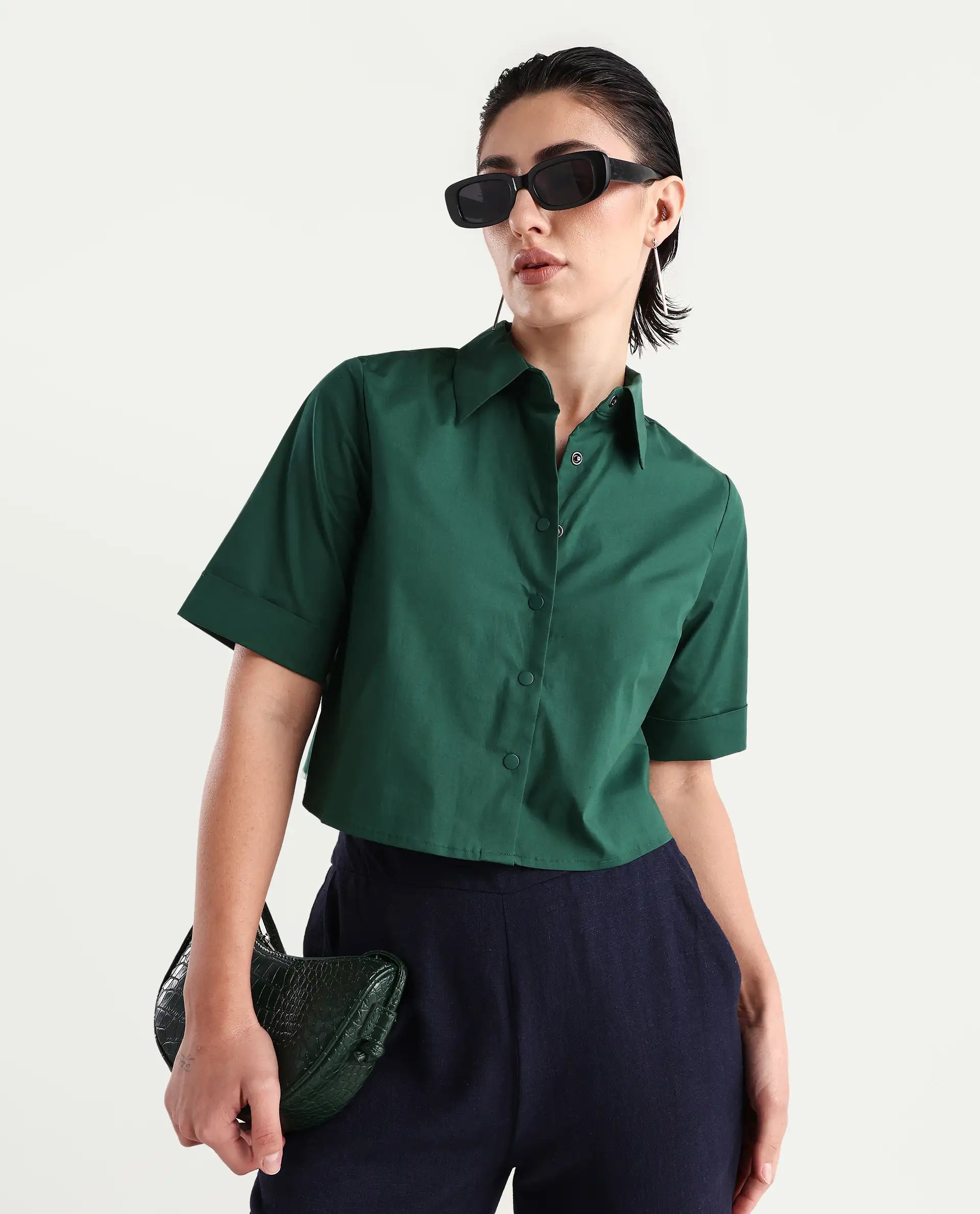Rareism Women's Nomoli Dark Green Cotton Blend Drop Collar Plain Crop Boxy Fit Shirt