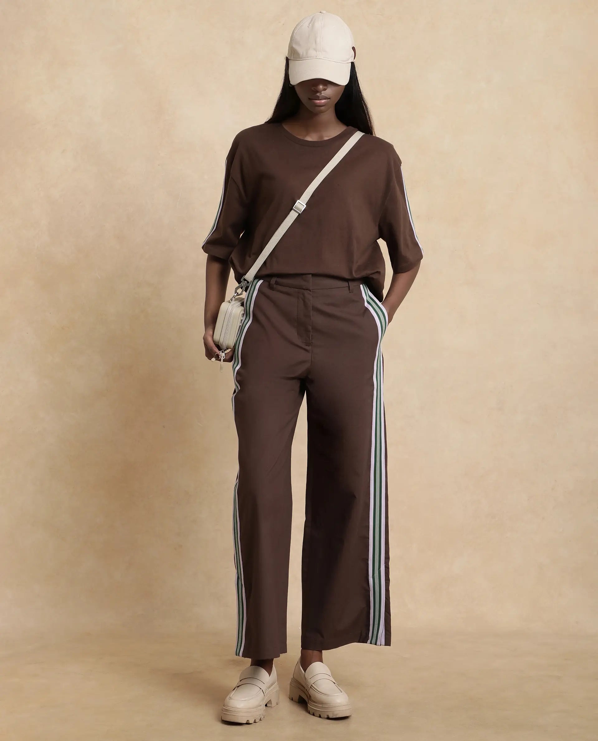 Rareism Women's Nonwen B Brown Cotton Plain Ankle Length Wide Trouser