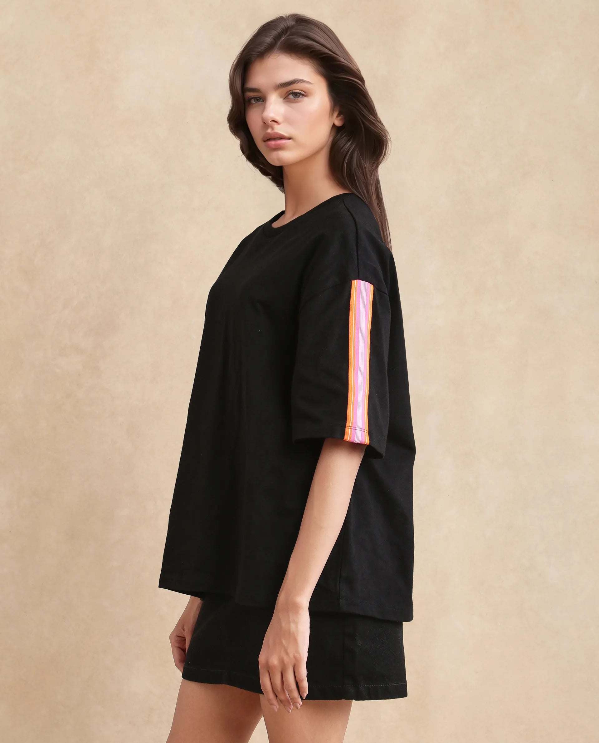 Rareism Women's Nonwen T Black Polyester Blend Crew Neck Striped Oversized T-Shirt