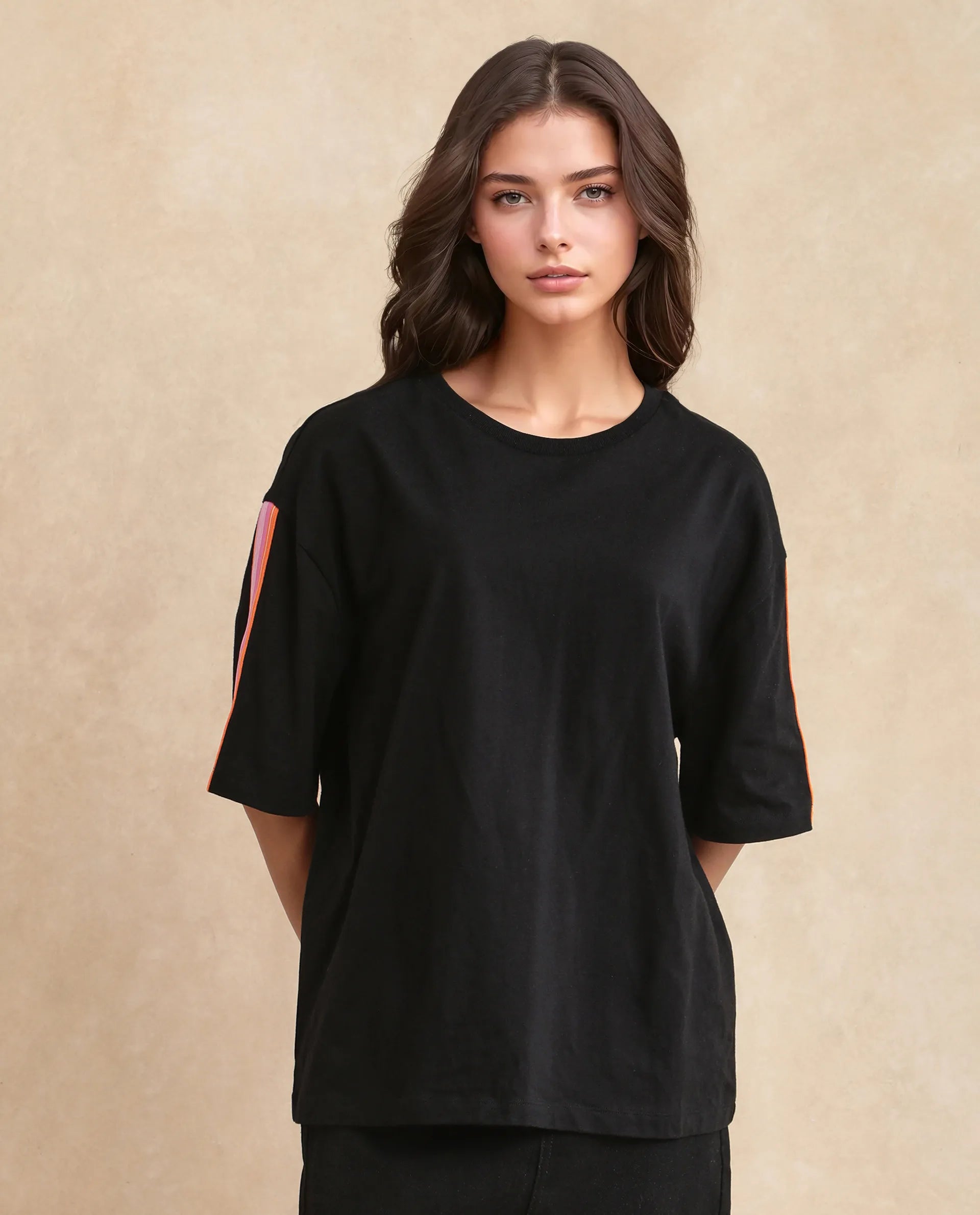 Rareism Women's Nonwen T Black Polyester Blend Crew Neck Striped Oversized T-Shirt