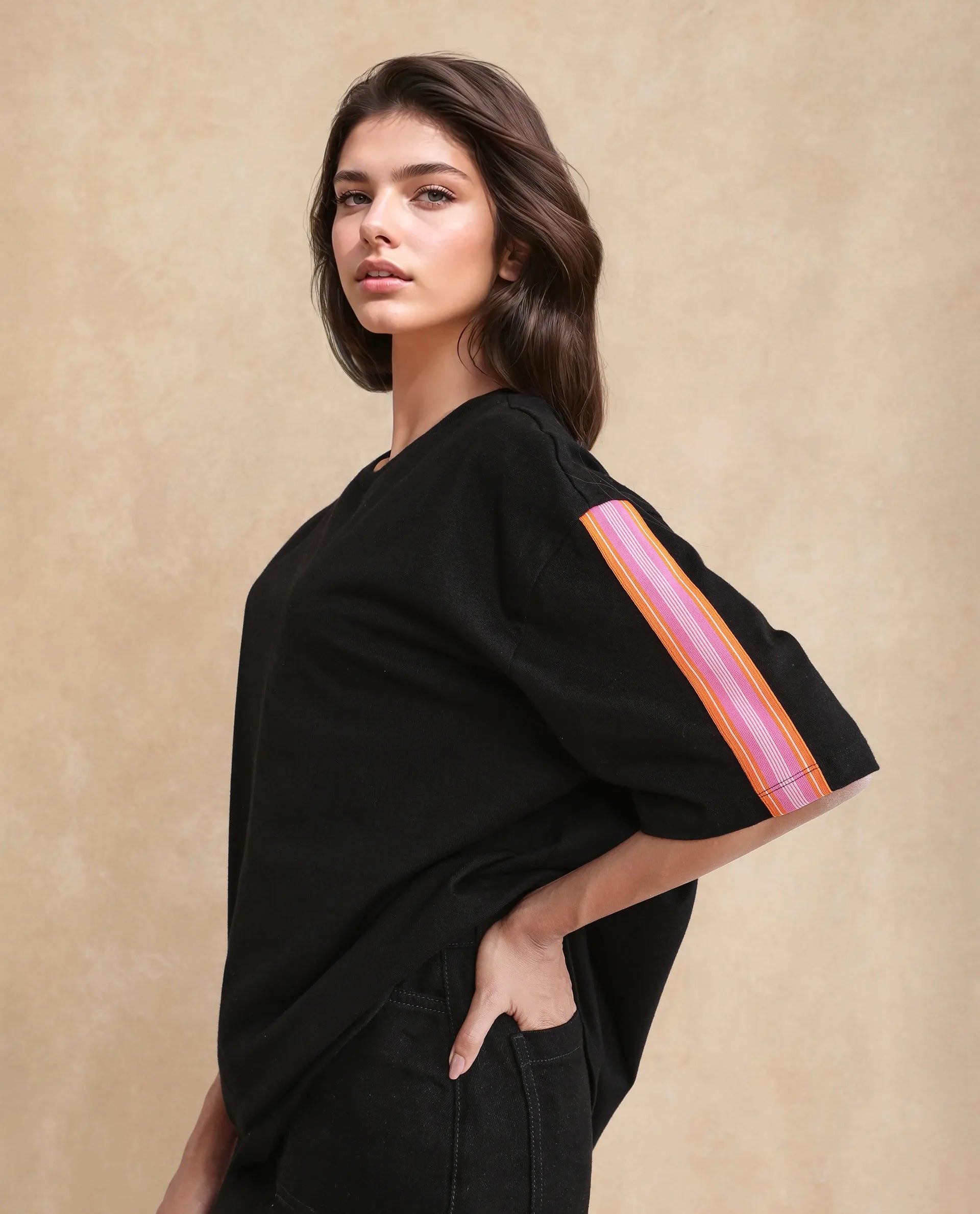 Rareism Women's Nonwen T Black Polyester Blend Crew Neck Striped Oversized T-Shirt