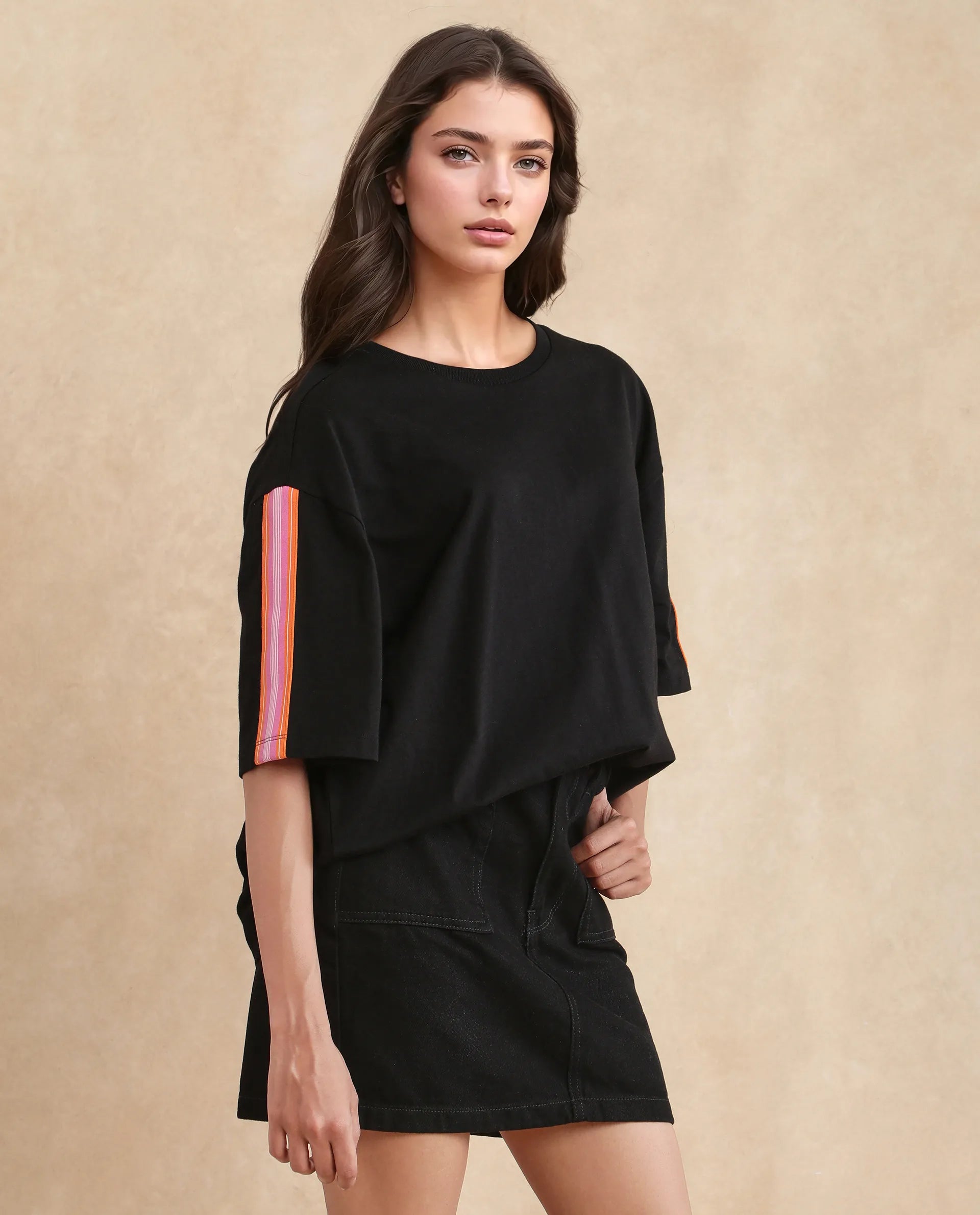 Rareism Women's Nonwen T Black Polyester Blend Crew Neck Striped Oversized T-Shirt