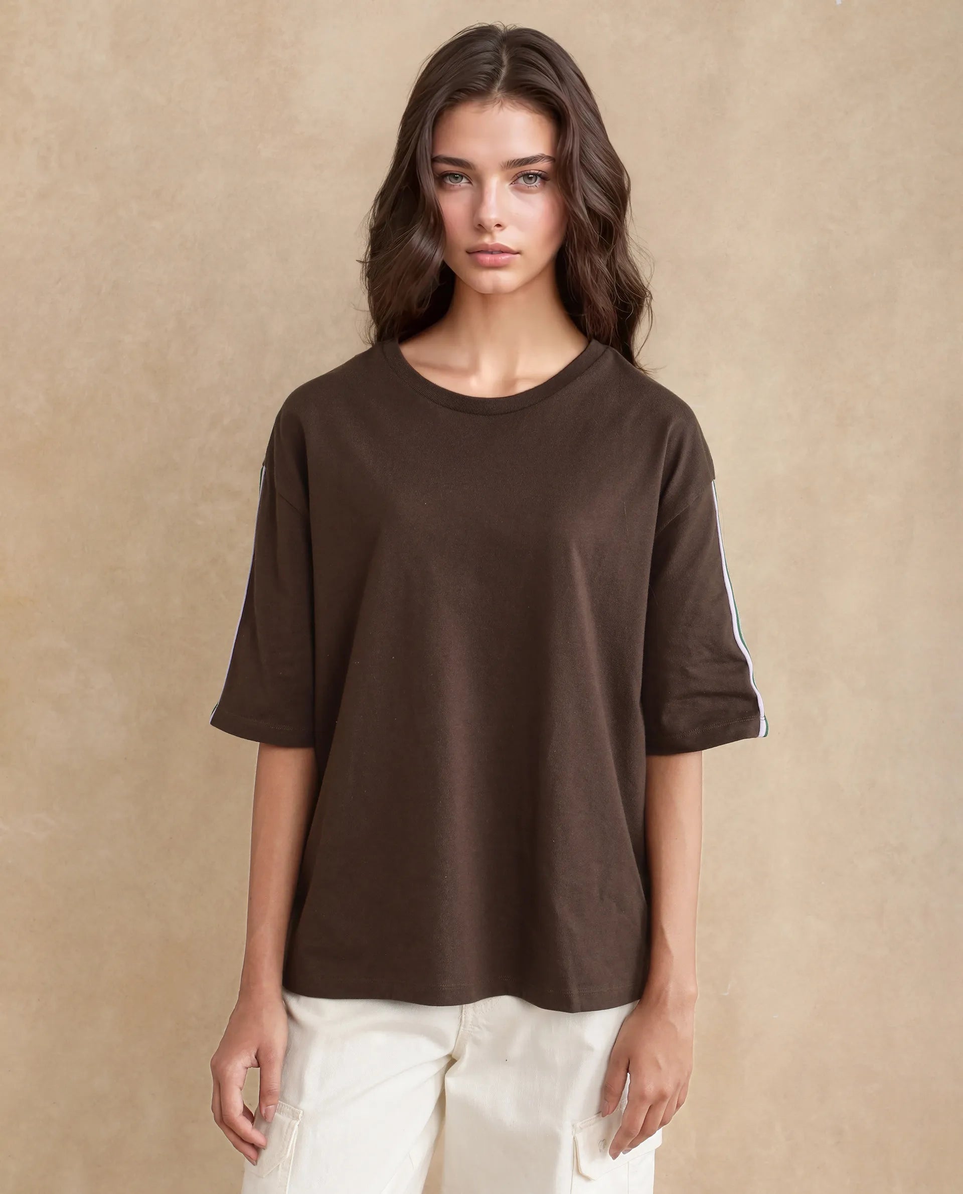 Rareism Women's Nonwen T Brown Polyester Blend Crew Neck Striped Oversized T-Shirt