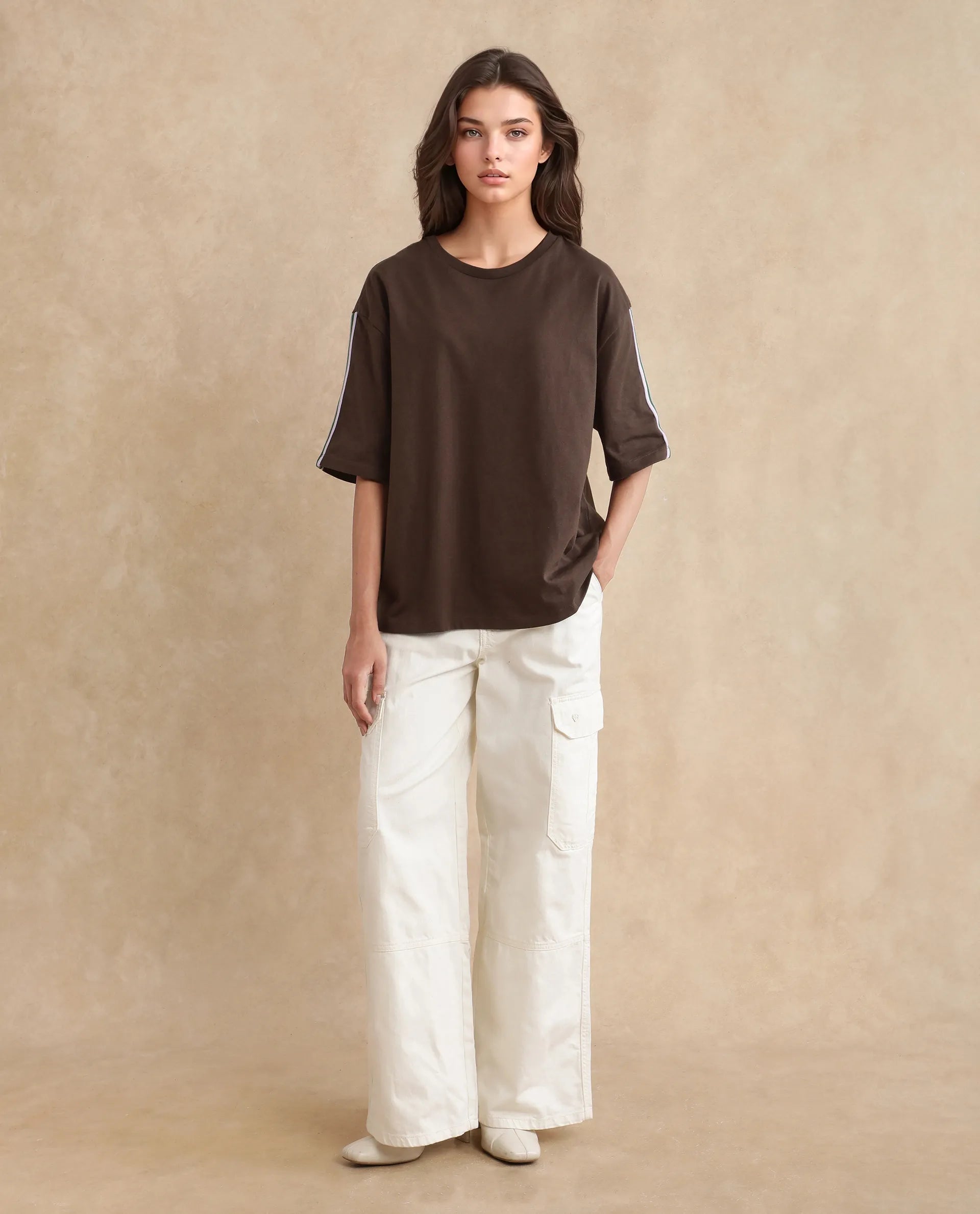 Rareism Women's Nonwen T Brown Polyester Blend Crew Neck Striped Oversized T-Shirt