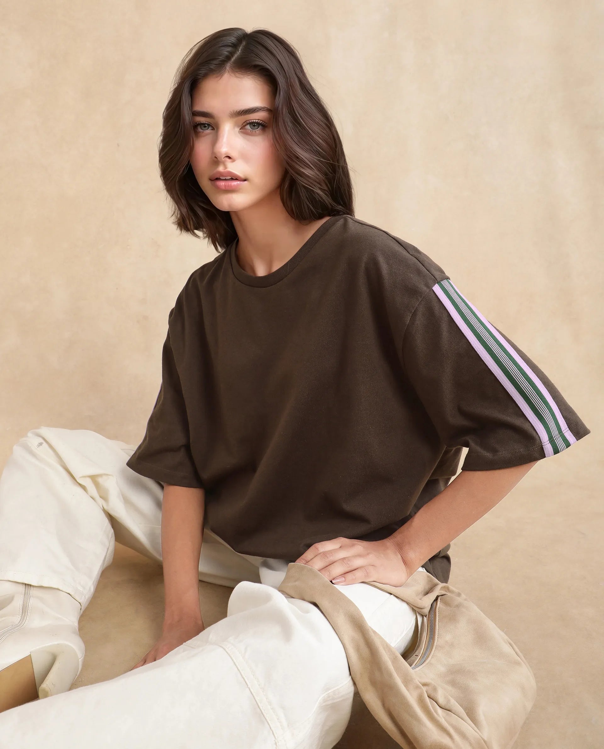 Rareism Women's Nonwen T Brown Polyester Blend Crew Neck Striped Oversized T-Shirt