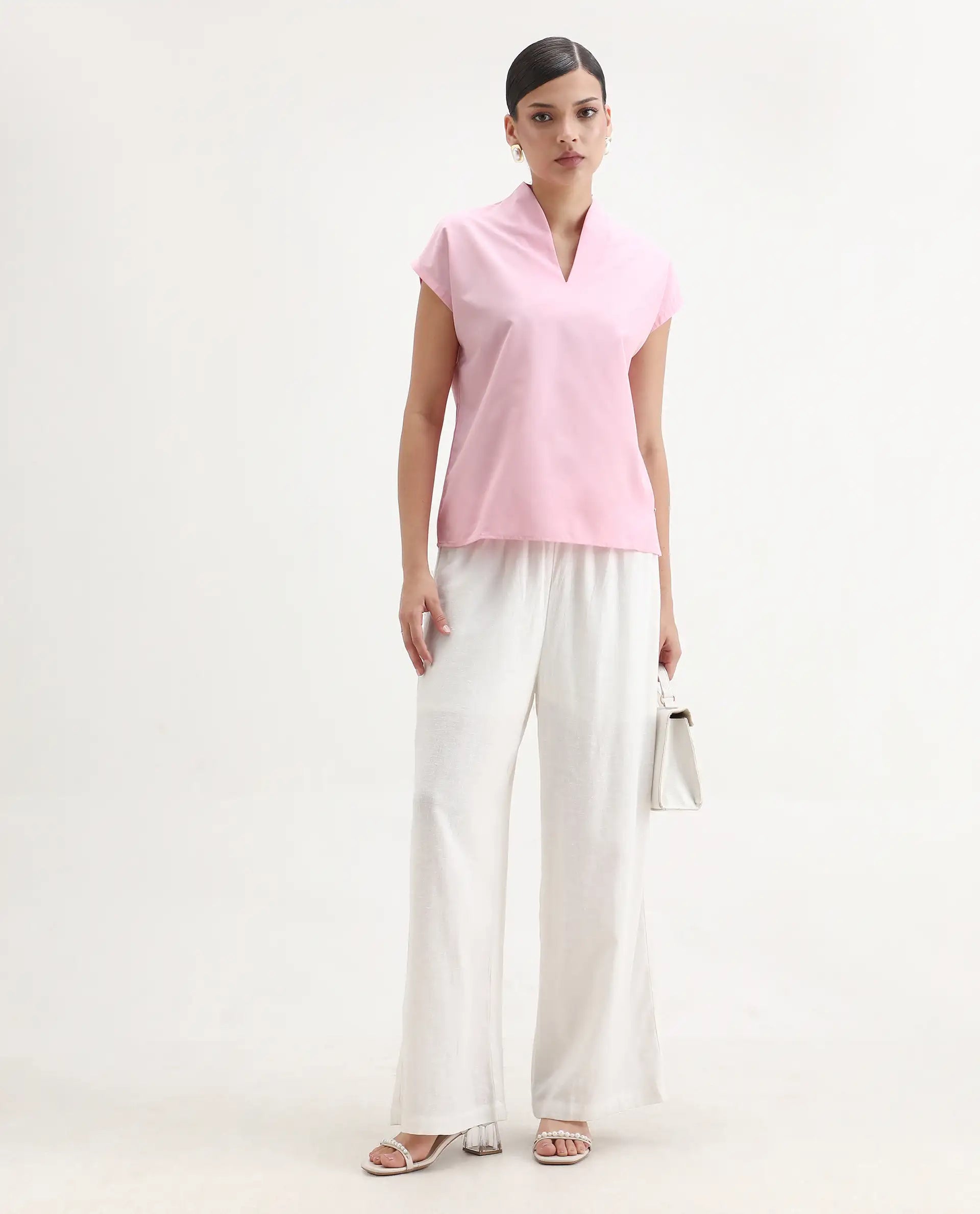 Rareism Women's Nopplo Pink Polyester Blend V-Neck Plain Extended Sleeves Regular Fit Top