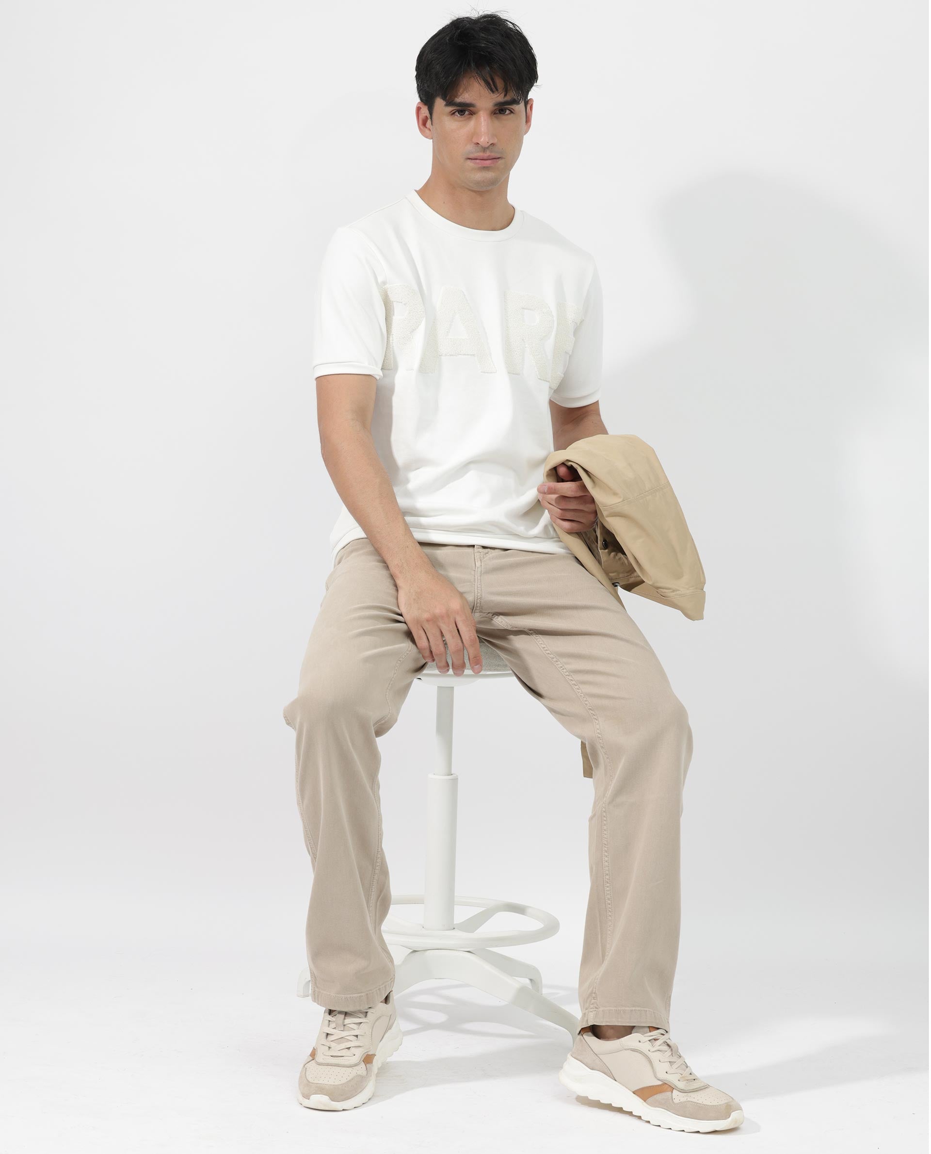 Rare Rabbit Men's Nor-2 Off White Cotton Fabric Half Sleeves Towel Embroidered Oversized T-Shirt