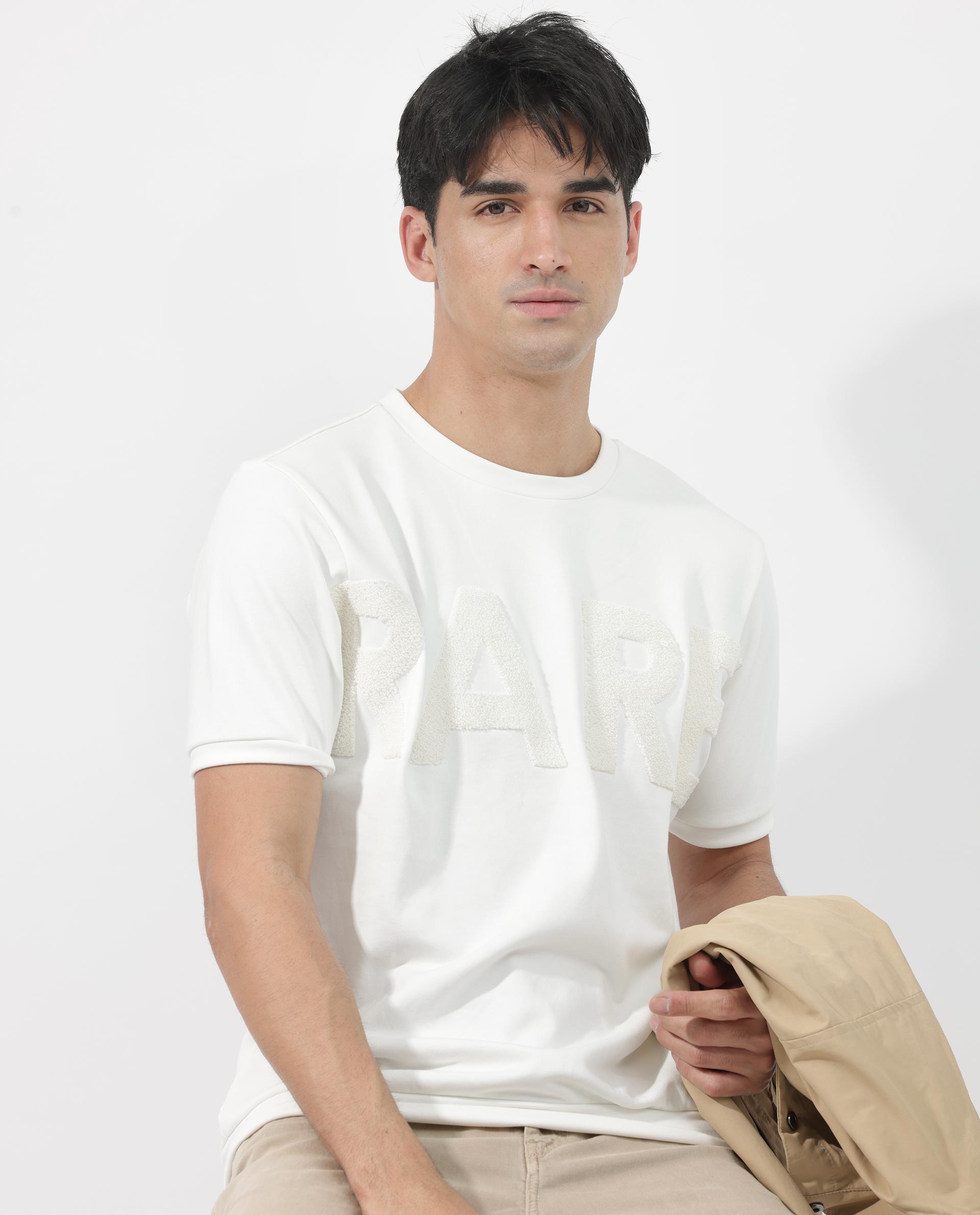 Rare Rabbit Men's Nor-2 Off White Cotton Fabric Half Sleeves Towel Embroidered Oversized T-Shirt