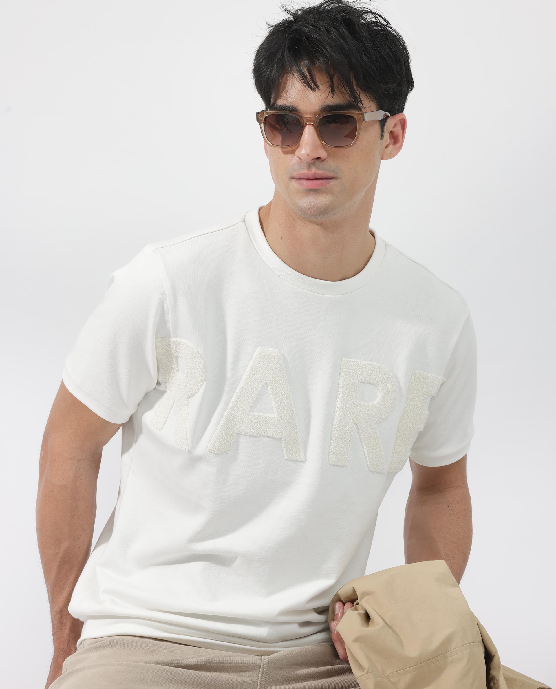 Rare Rabbit Men's Nor-2 Off White Cotton Fabric Half Sleeves Towel Embroidered Oversized T-Shirt