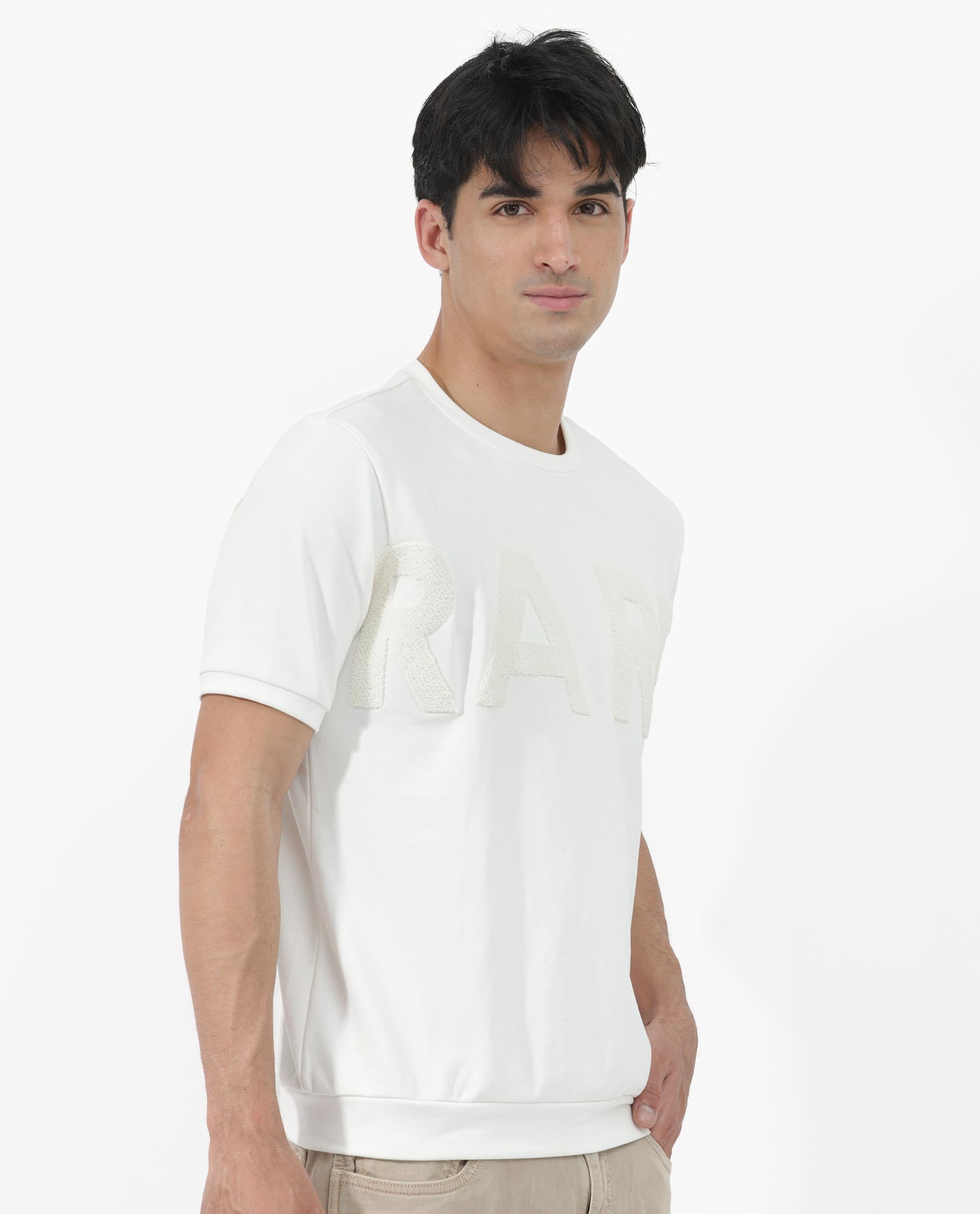 Rare Rabbit Men's Nor-2 Off White Cotton Fabric Half Sleeves Towel Embroidered Oversized T-Shirt