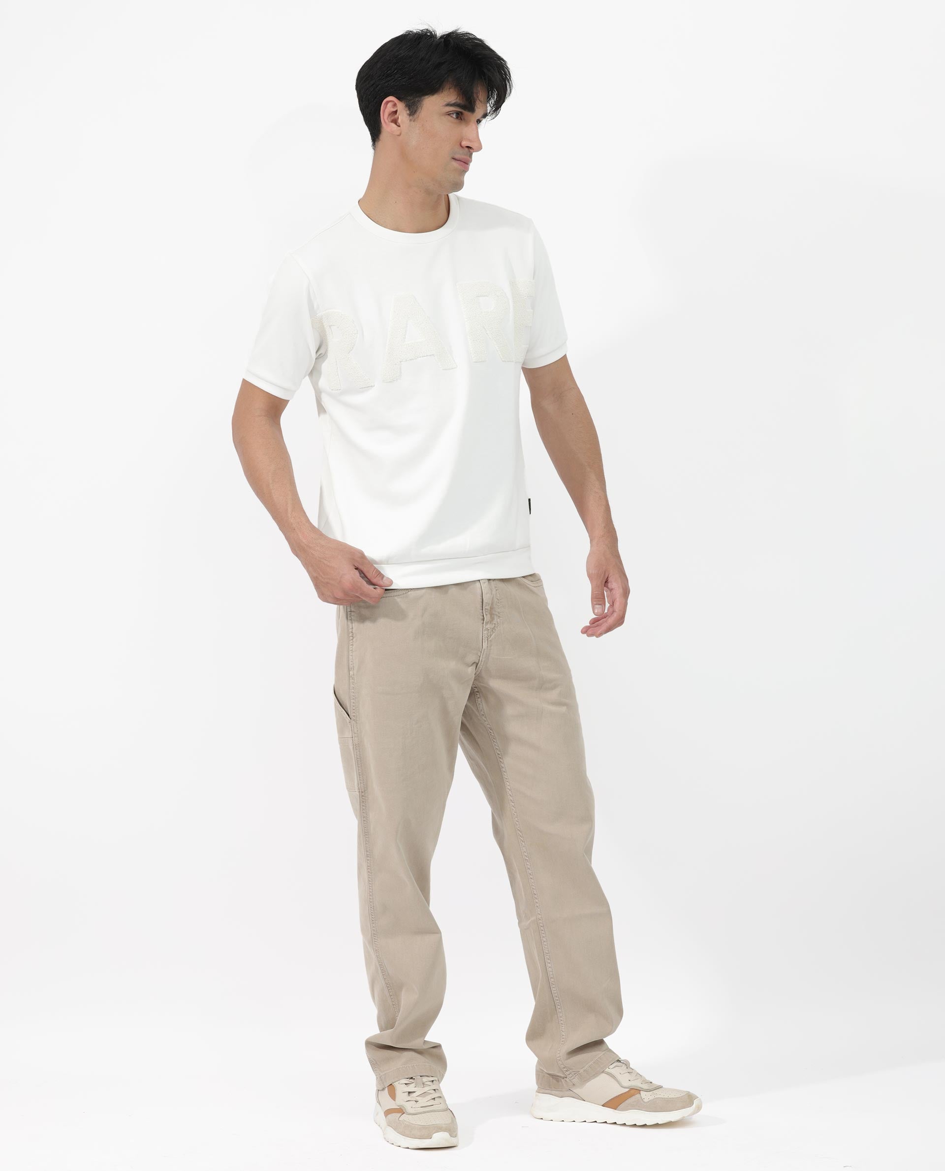 Rare Rabbit Men's Nor-2 Off White Cotton Fabric Half Sleeves Towel Embroidered Oversized T-Shirt